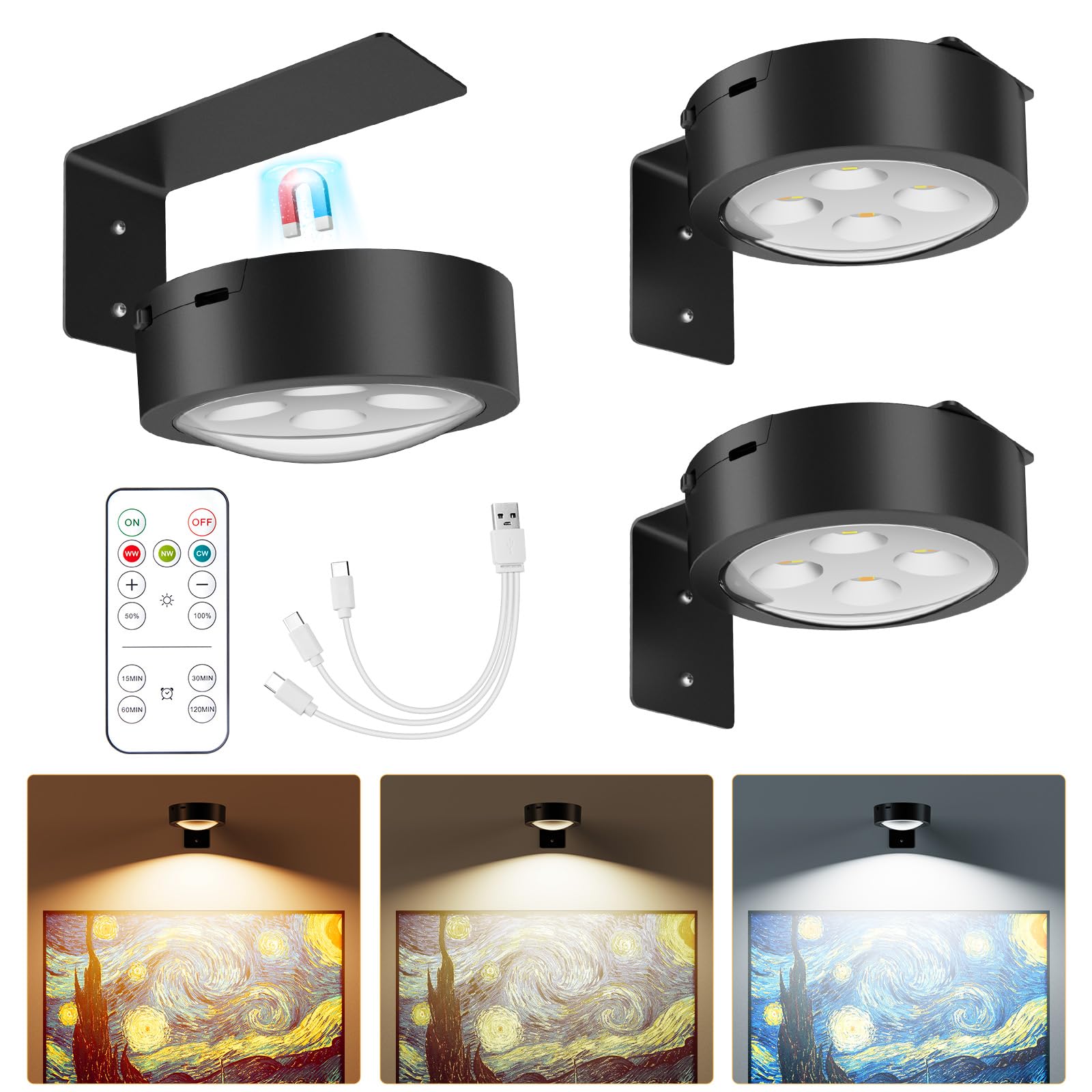 Brightown 3-Pack Picture Lights, Rechargeable, Dimmable, Black, Model BLACK-3PCS, Magnetic Art Display Lighting