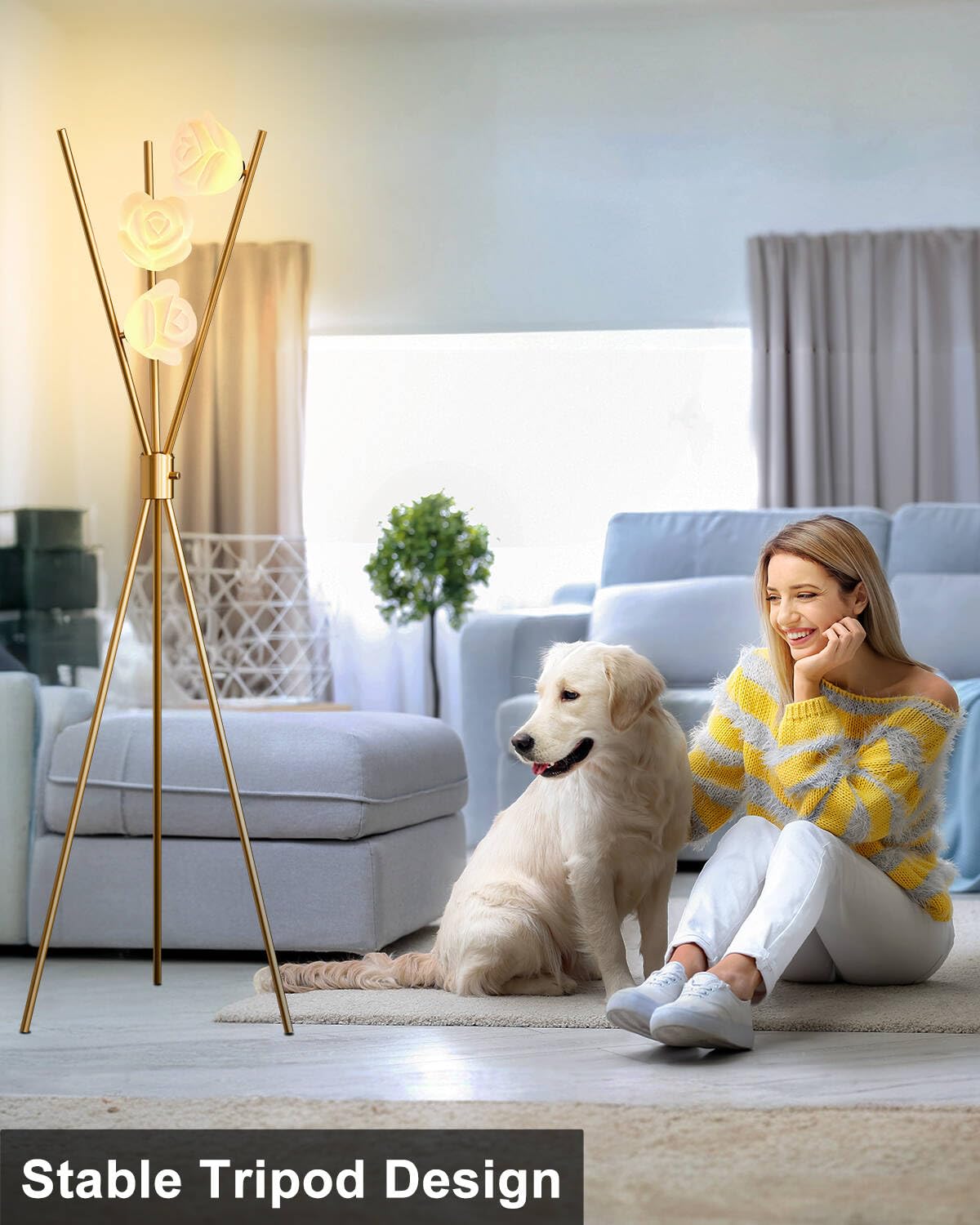 Lightdot Dimmable Tripod Floor Lamp Gold Art Deco Floor Lamp With 3-Flower Lampshade 3Pcs Bulbs Included & Stable Base Tripod St