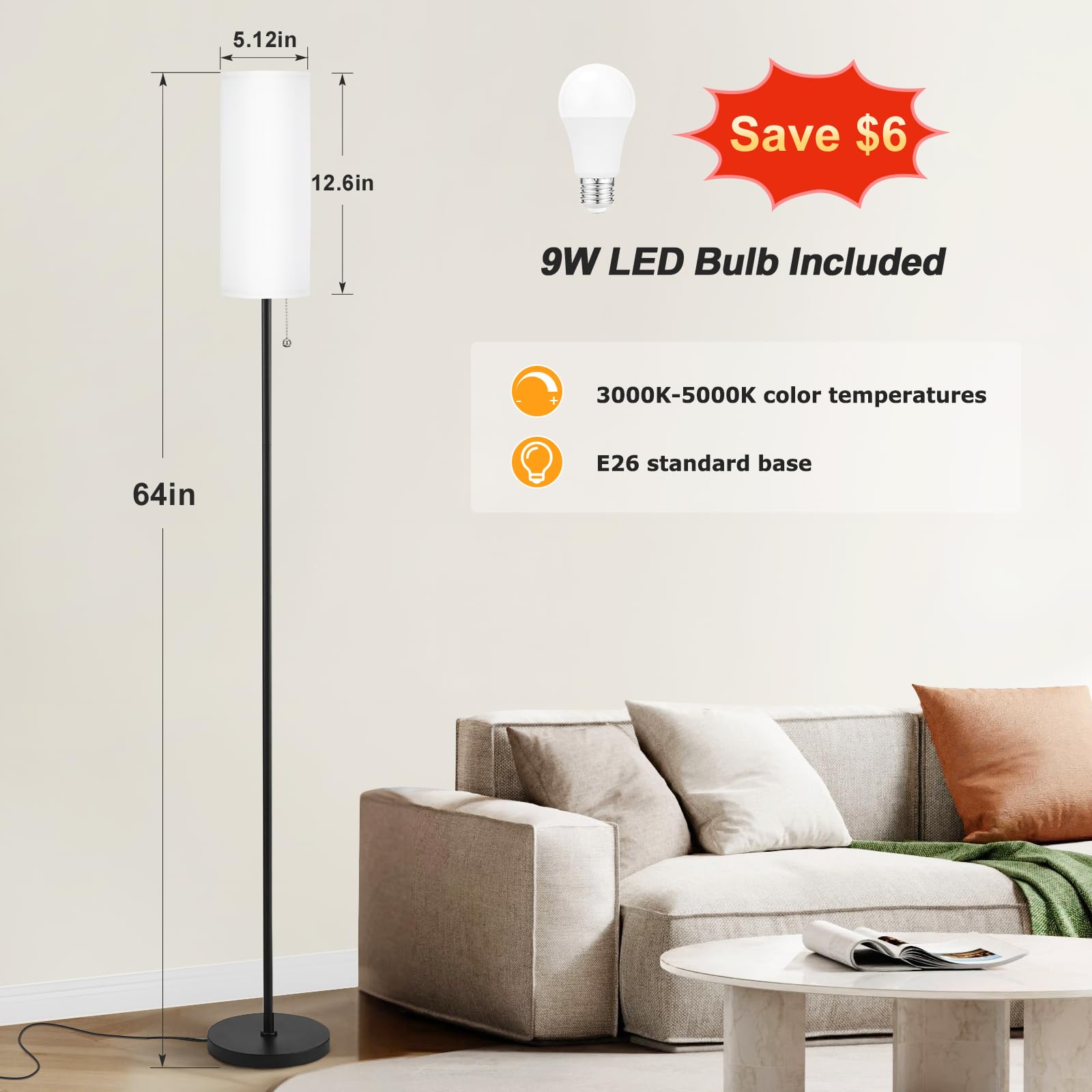 Ambimall Floor Lamp, 64in Minimalist Iron Standing Lamp, White Shade & Black Pole, 3 Color Temperatures, Model RPT-ZGB20202