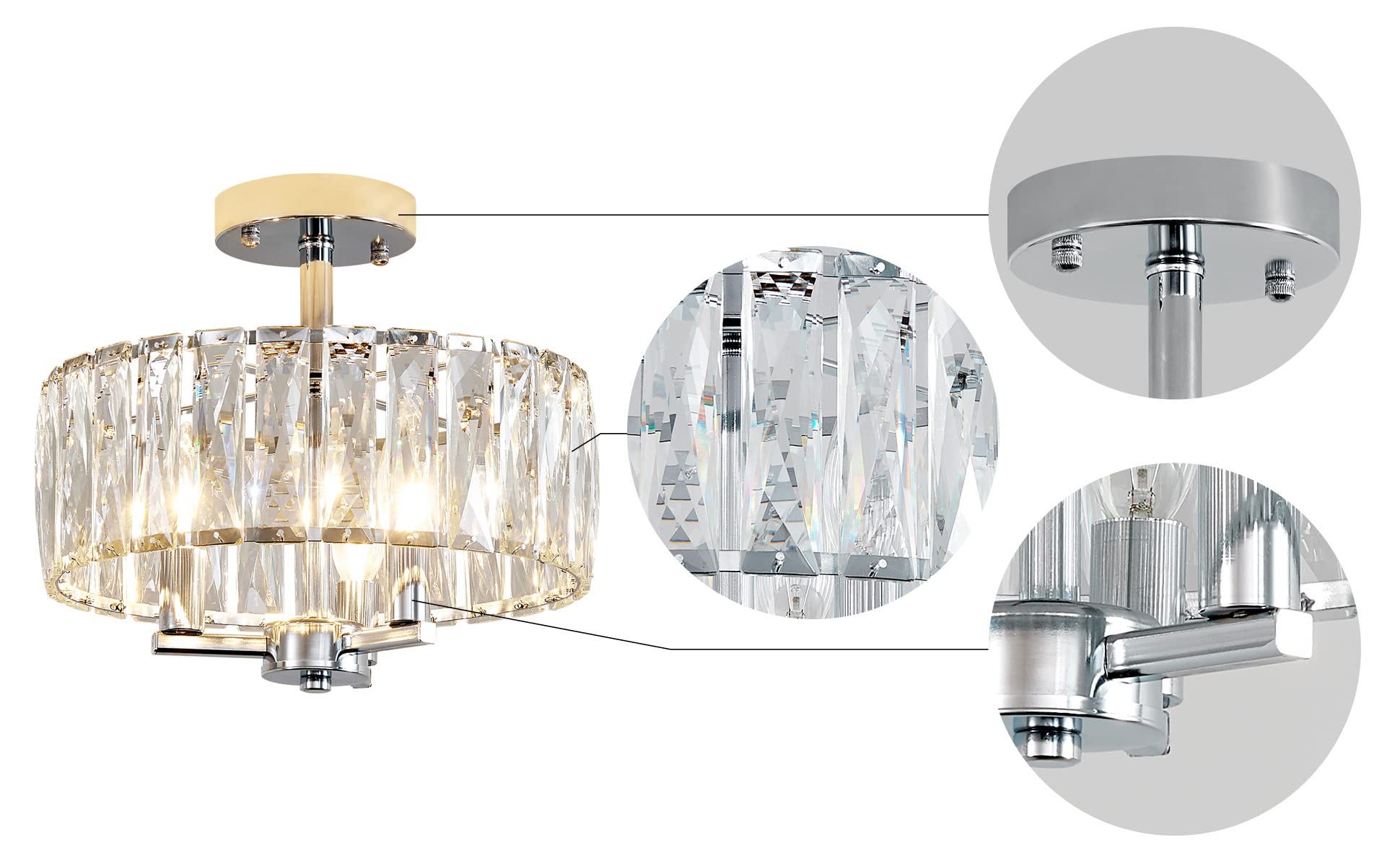 Agv Lighting Cl003F K9 Crystal Ceiling Light Fixture, Modern Semi Flush Ceiling Lights, Perfect For Living Room, Bedroom, Dining