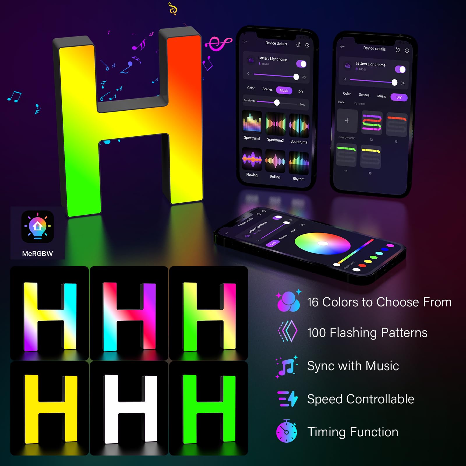 Kangtaixin LED Letter Light - Color Changing USB Powered Night Light, Model G201, Letter H for Parties, Birthdays, and Decor