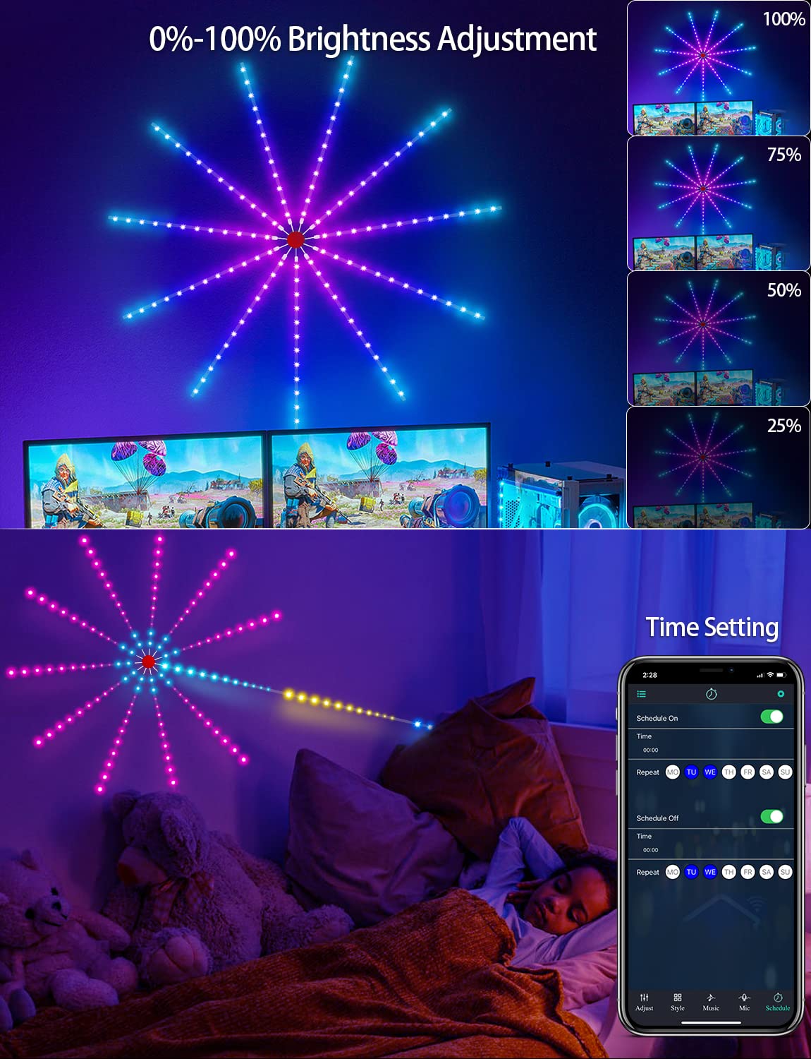 MATICOD Smart Firework LED Lights, USB Powered, RGB Color Changing, 19.6in, Vinyl, Model SKS-JZ-02, Remote App Control for Party Decor