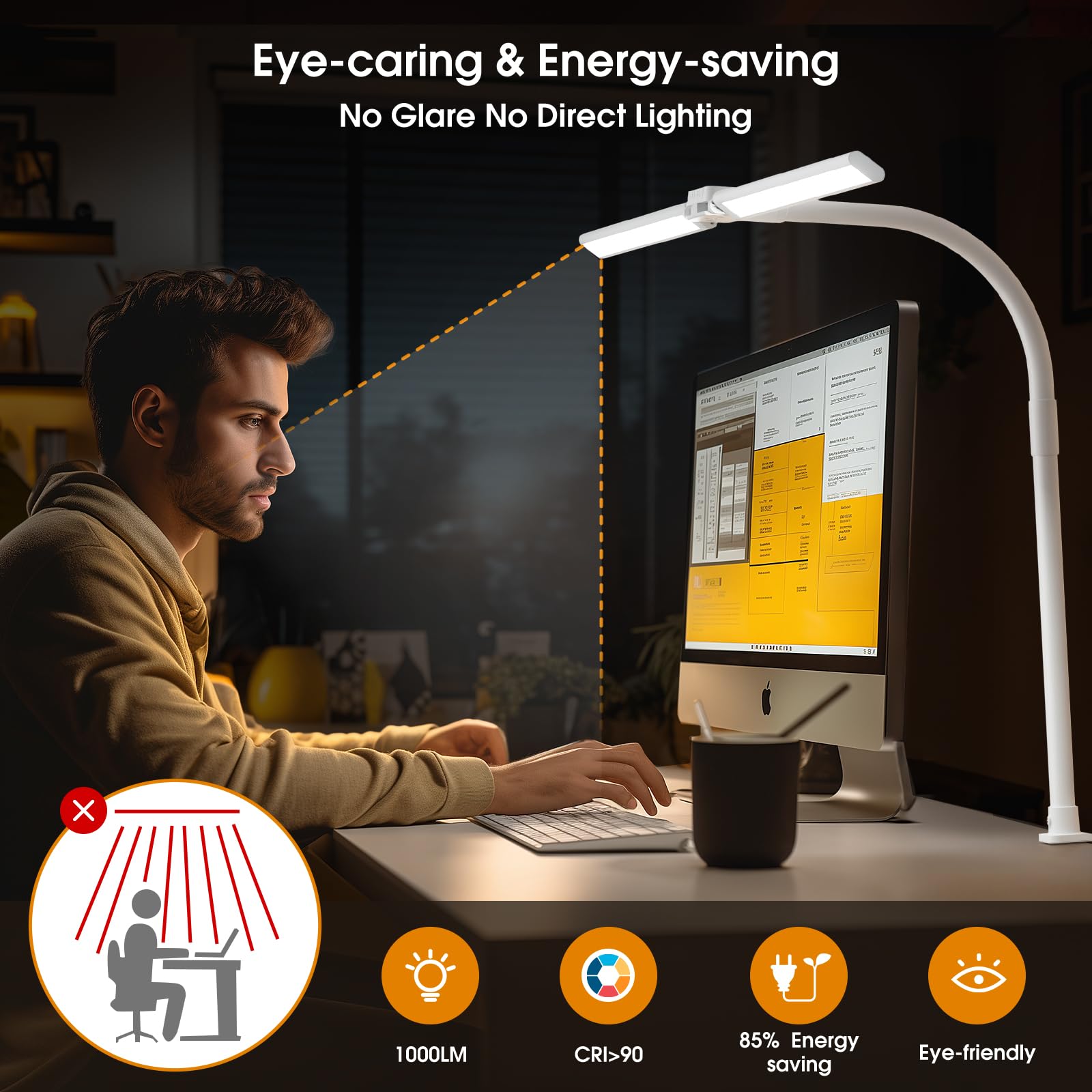 Sibrille Led Desk Lamp For Home Office - Eye-Caring Computer Desk Light With Clamp, Adjustable Work Lamp With Color Changing, Di
