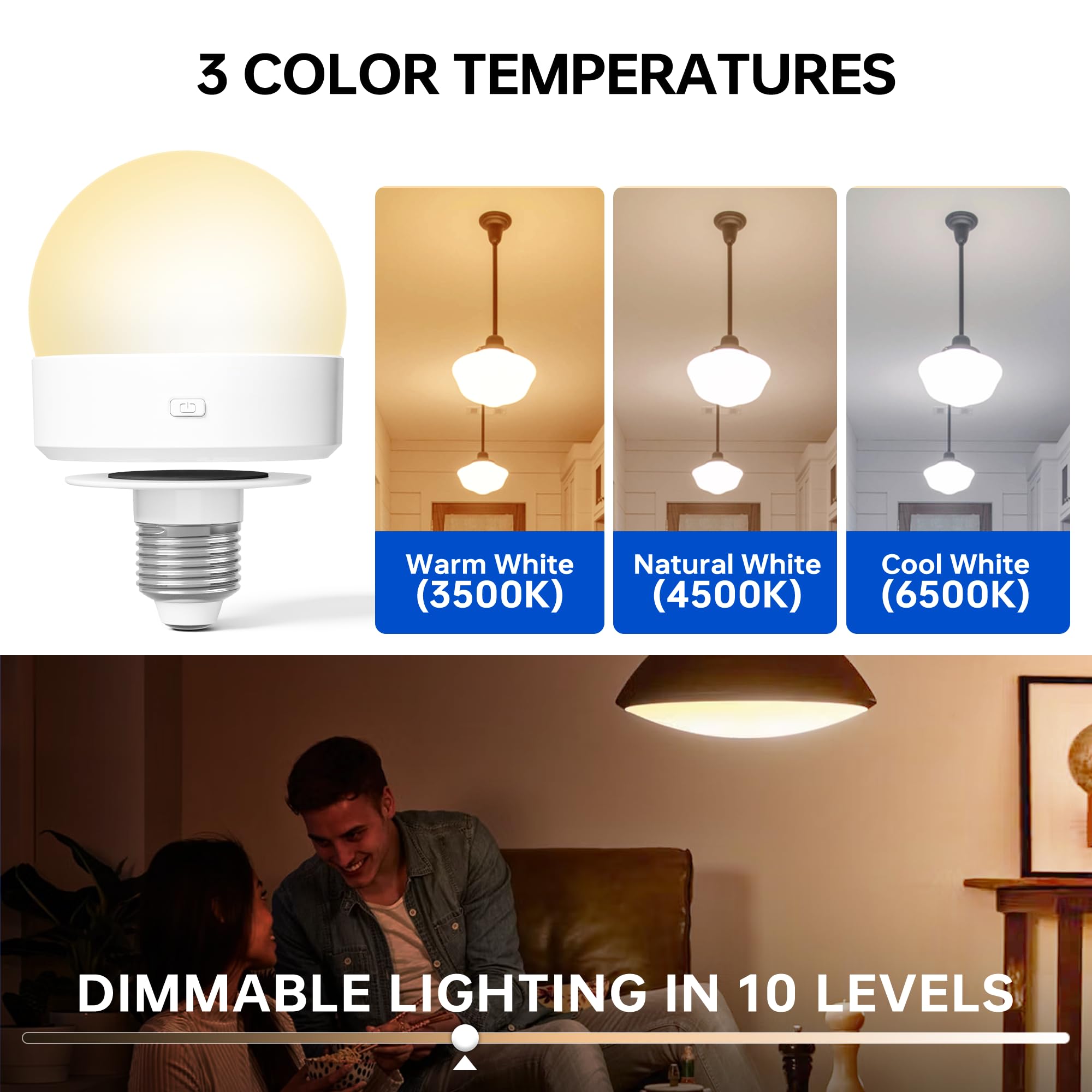 KINDEEP Rechargeable LED Night Light Bulb, Wireless E26 with Remote, Timer, 3000mAh, Dimmable, 3 Color Temperatures, 12 RGB Colors, White