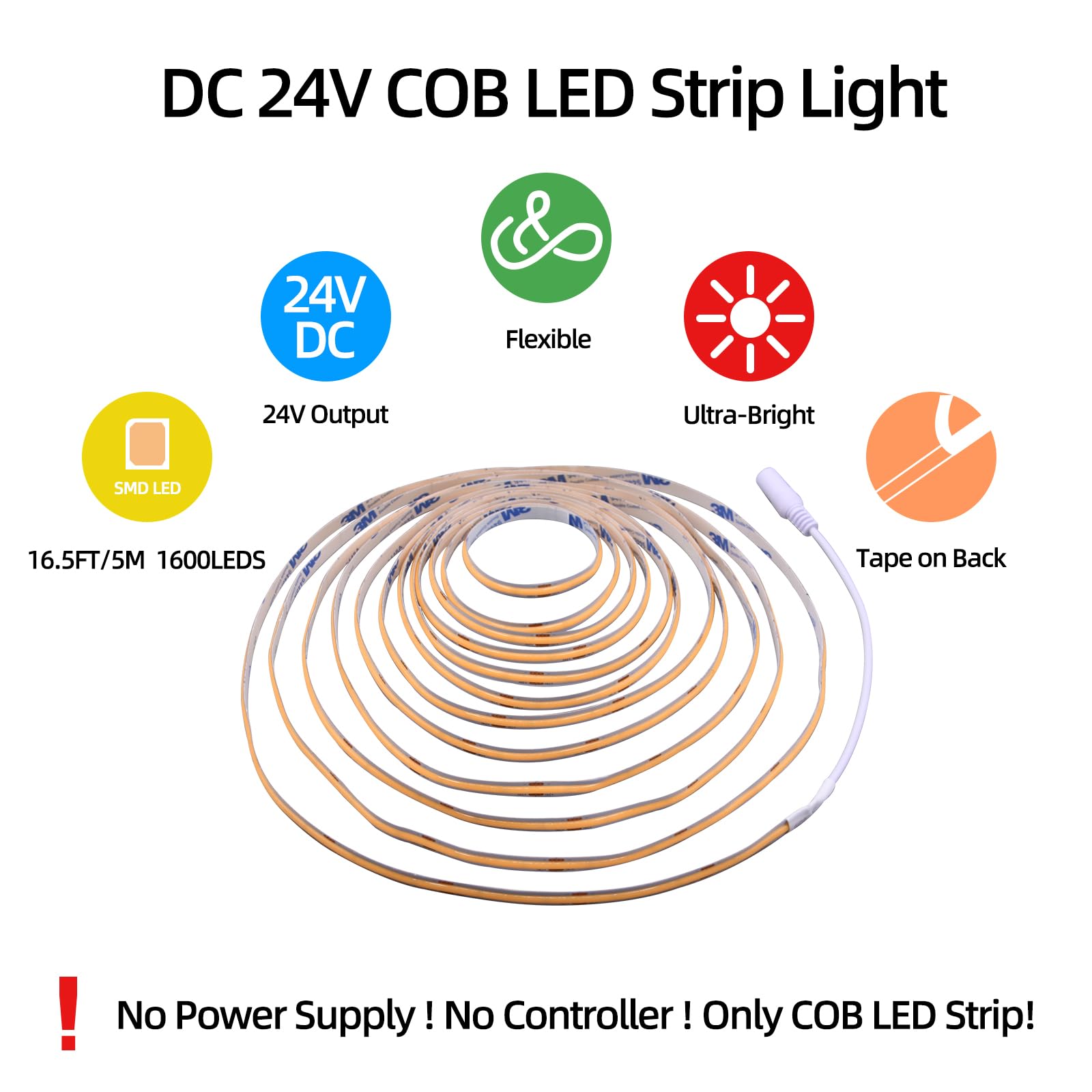 Led Strip Lights 24V Cob Led Warm 3000K Super Bright Led Strip 16.4Ft 5M Dotless High Density Cuttable Flexible For Home Diy Cob Led Commercial Lighting Projects (Power Supply & Dimmer Not Included)