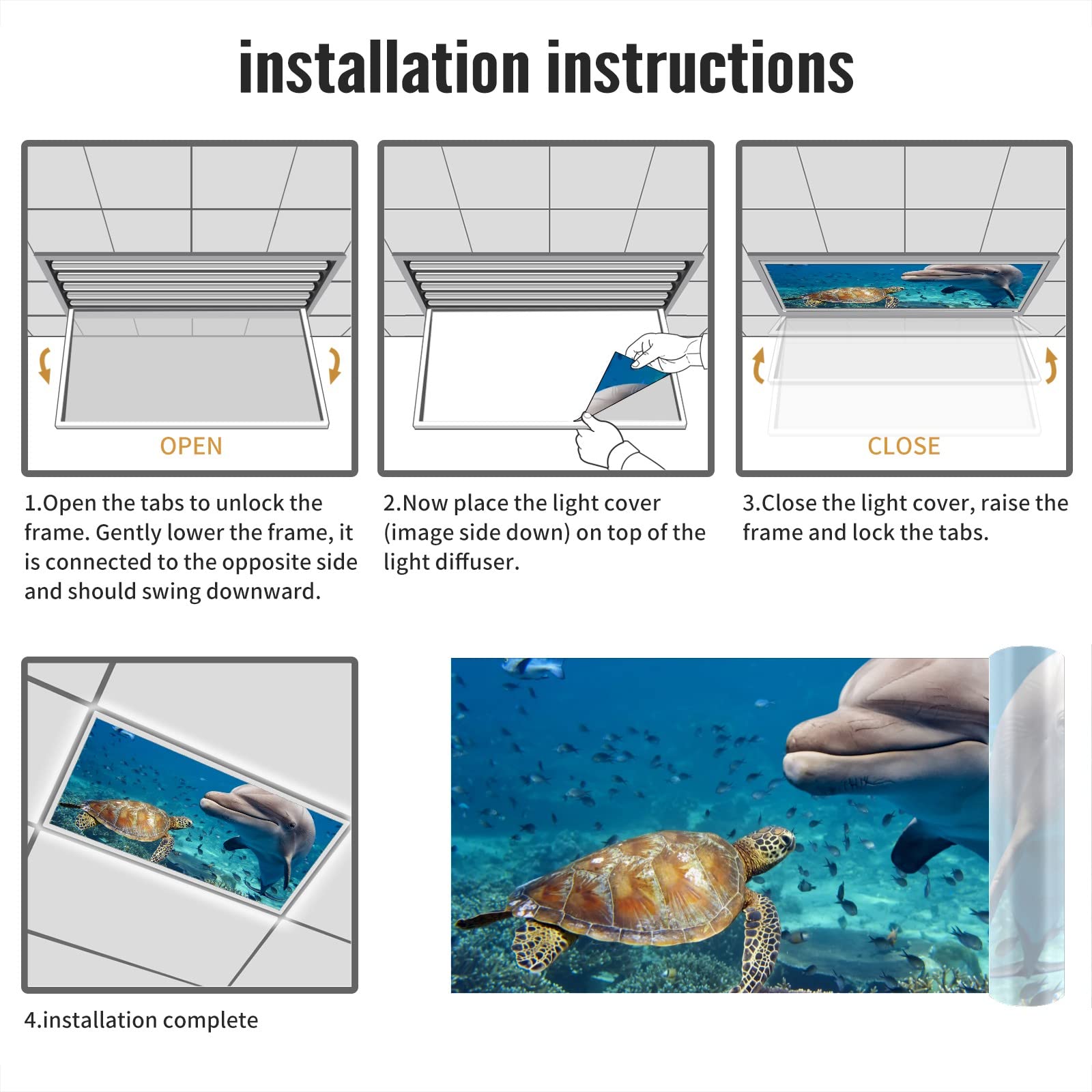 Underwater Sea World Marine Sea Turtle Dolphin Fish Beautiful- Fluorescent Light Covers - 2X4 Drop Ceiling Fluorescent Decorativ