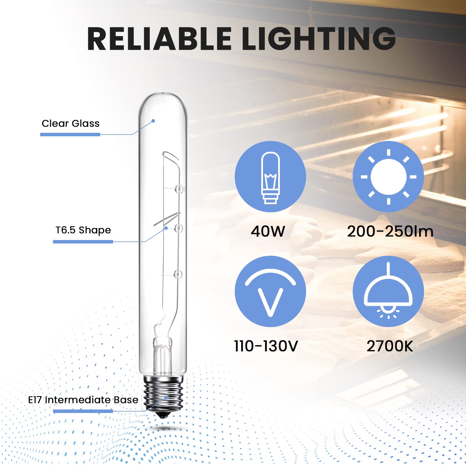 Bonlux 40 Watt T6.5 Refrigerator Light Bulb Dimmable, 120V Intermediate Base E17 Clear Appliance Bulb 5.4In T6.5 Exit Sign Light