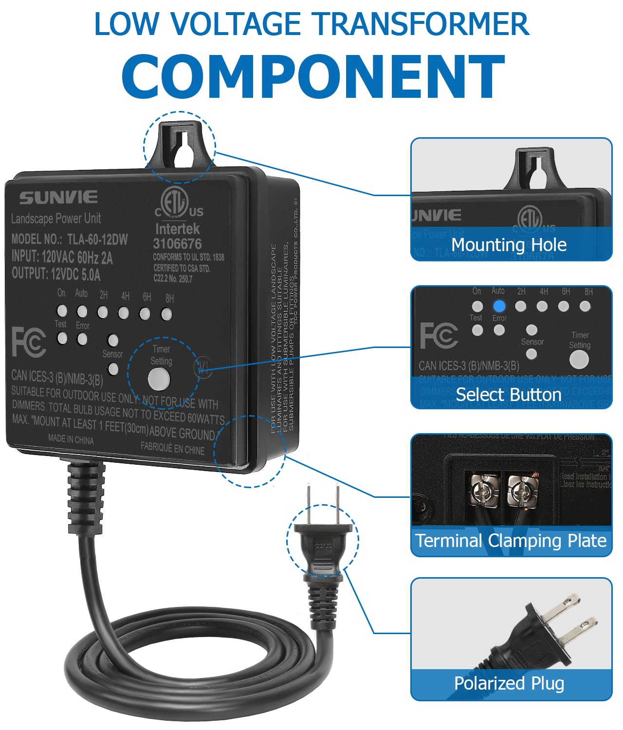 SUNVIE 60W Low Voltage Transformer with Timer & Photocell Sensor, Waterproof for Outdoor LED Landscape Lighting