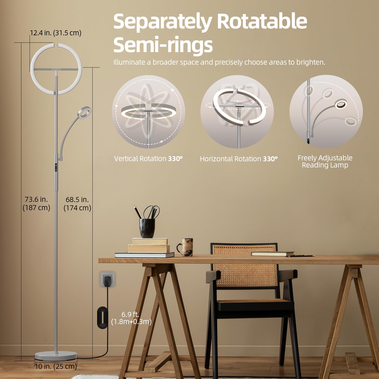 FIMEI Modern LED Split Floor Lamp, Rotatable Design, Stepless Dimming, 68.5 inches, Gray, Model MF18813