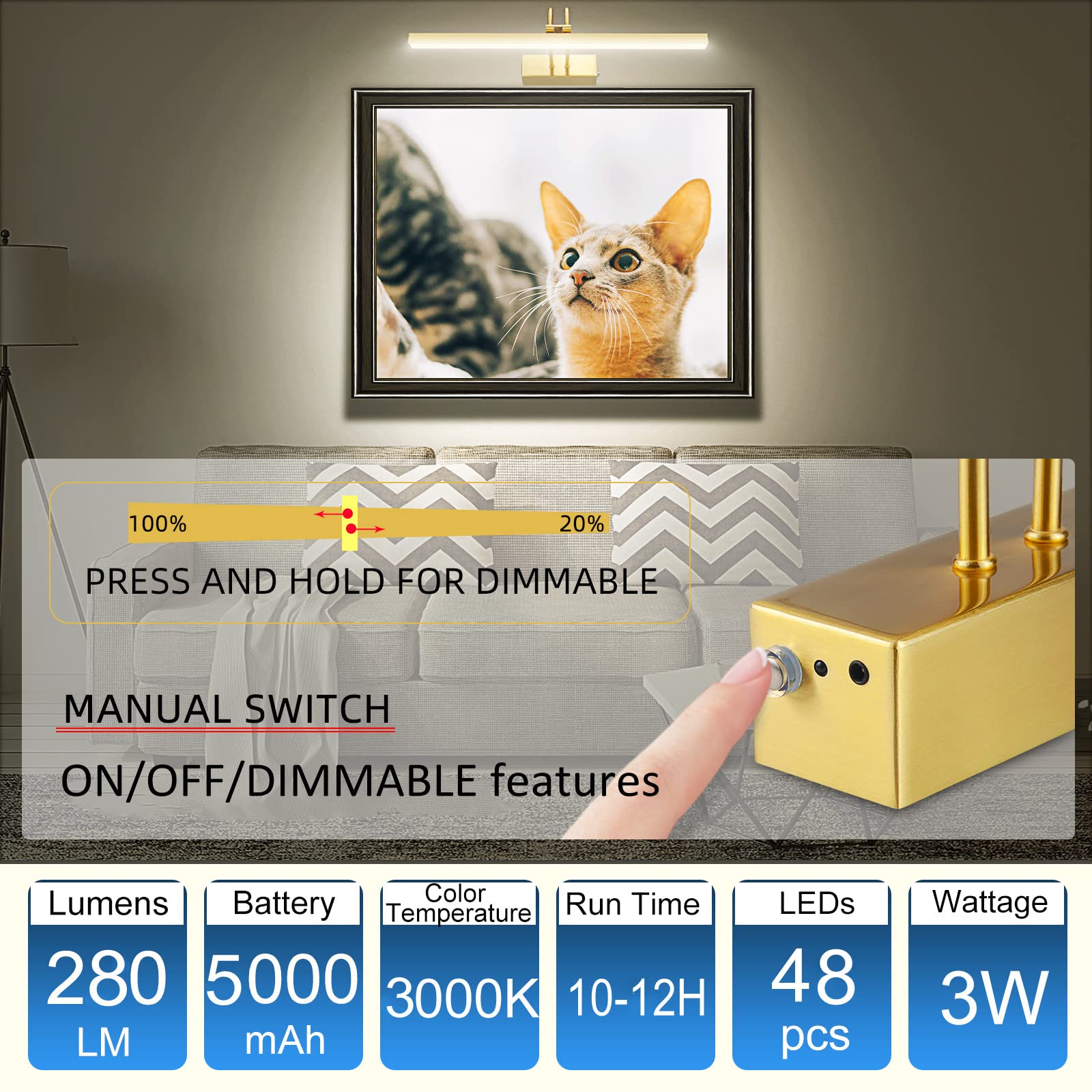 Funchday Picture Light Wireless, 13Inch Rechargeable Battery Operated Gallery Painting Light With Remote, 280Lm Dimmable Metal A
