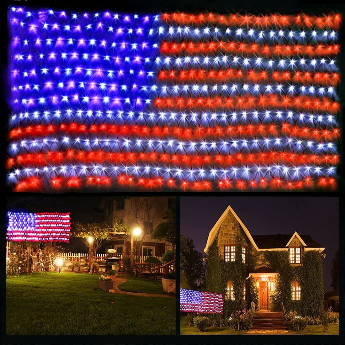 Funiao 420 Led American Flag Net Lights, Waterproof Patriotic Decor For 4Th Of July, Memorial Day, Red, White, Blue, Model Yls1000Wd01