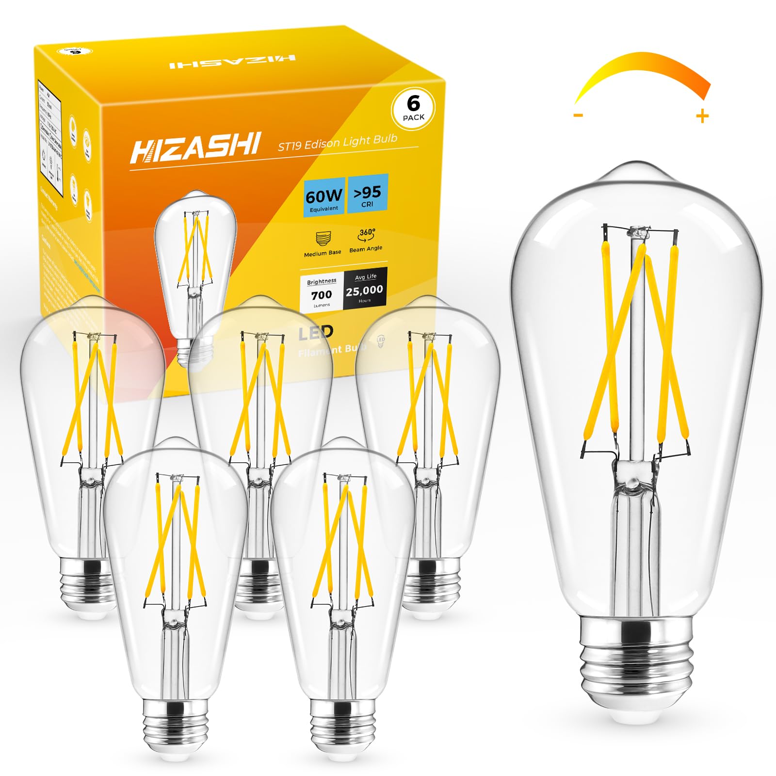 Hizashi LED Edison Bulbs, Dimmable E26, 6W Equivalent 60W, 3000K Soft White, 95+ CRI, Clear Glass, Pack of 