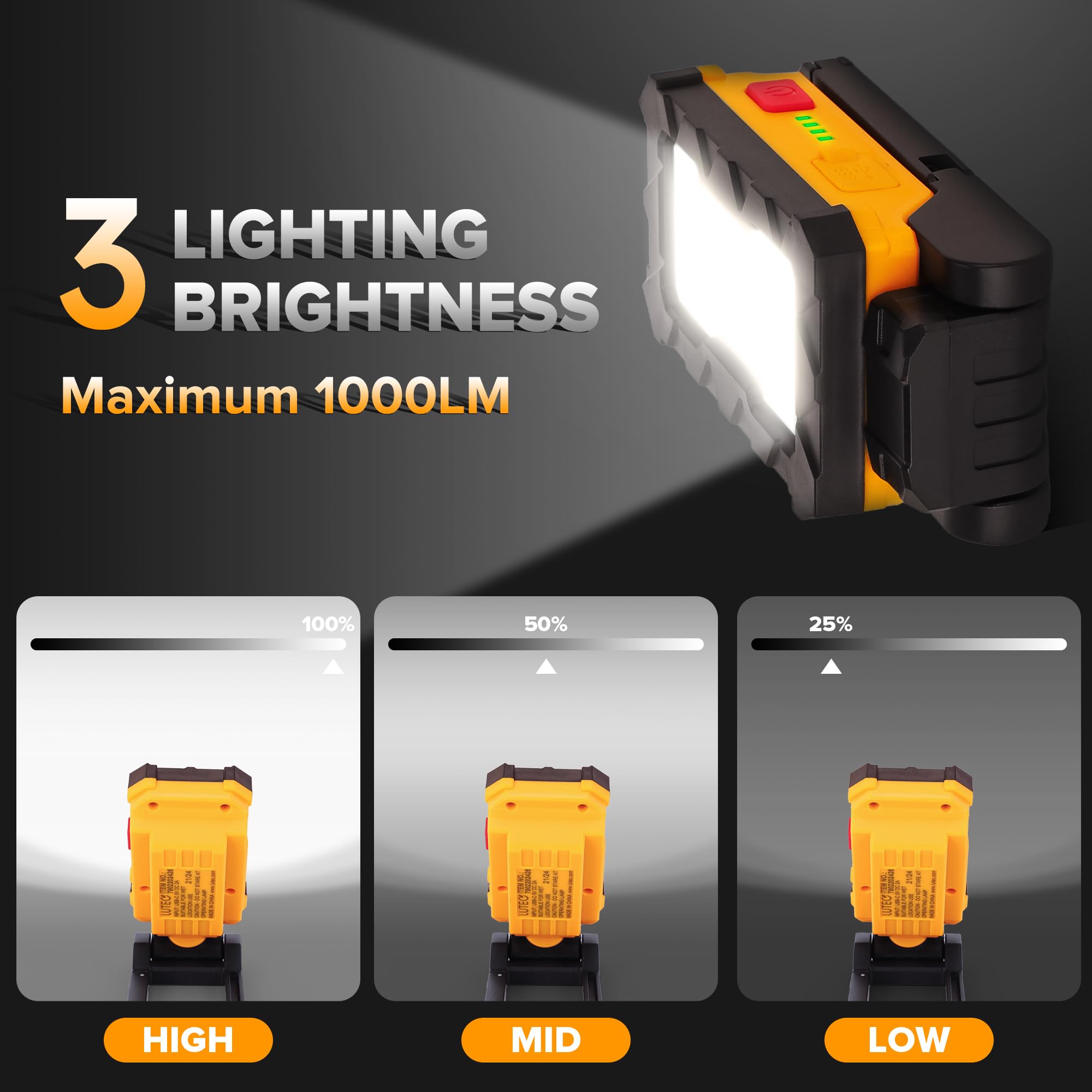 LUTEC Rechargeable Work Light, 1000 Lumens LED, Magnetic Base, 360° Rotate, 200° Swivel, Orange, Ideal for Car Repair and Camping