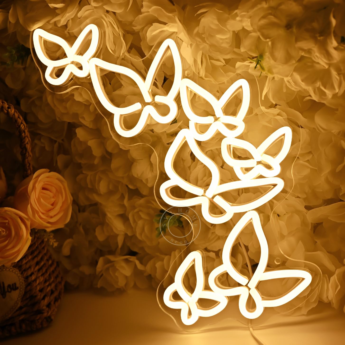 SYLHOME Butterfly LED Neon Light Sign - Warm White Acrylic - 16.5in X 8.9in - Ideal for Kids Bedroom, Living Room, Wedding, and Parties