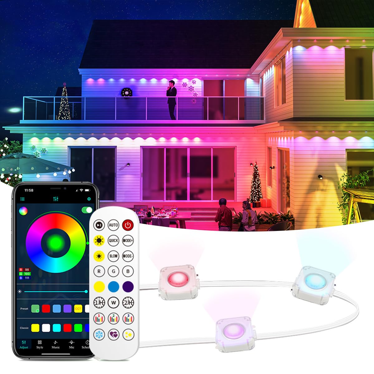 Permanent Outdoor Lights,Smart RGBIC Outdoor Lights with 75 Scene Modes,150ft with 100 LED Eaves string Lights,IP67 Waterproof,H