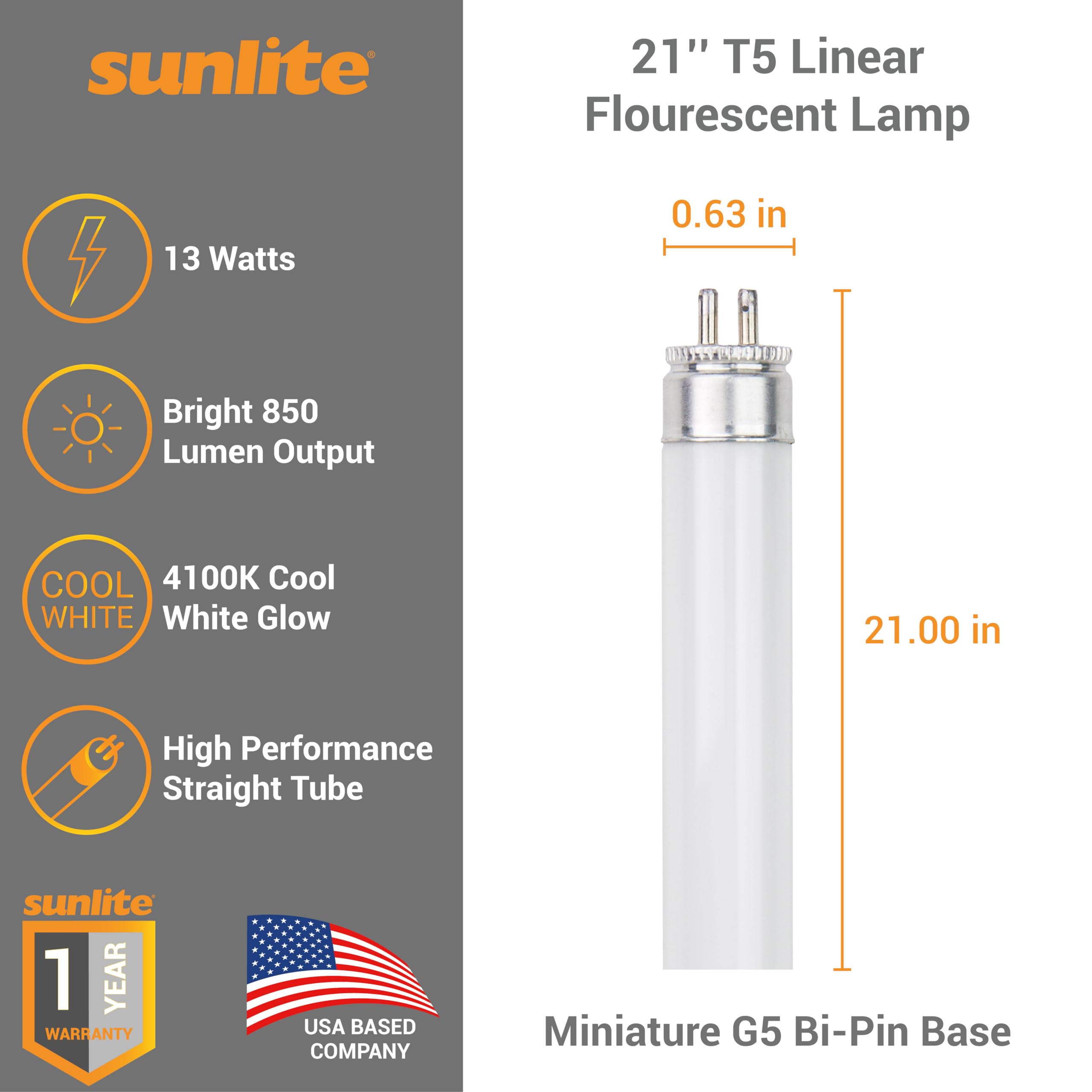 Sunlite 21-Inch F13T5/CW T5 Linear Fluorescent Lamp, 13 Watts, 850 Lumens, 4100K Cool White, Miniature G5 Bi-Pin Base, ROHS Comp