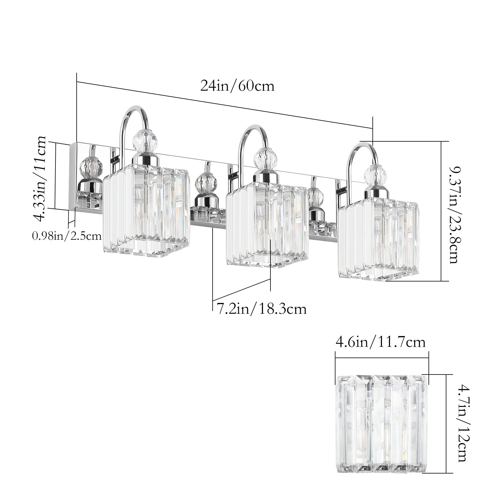 Ralbay Chrome Crystal Bathroom Vanity Light 3-Light Stainless Steel 8607 Square-Chrome 24in  Modern Fixture