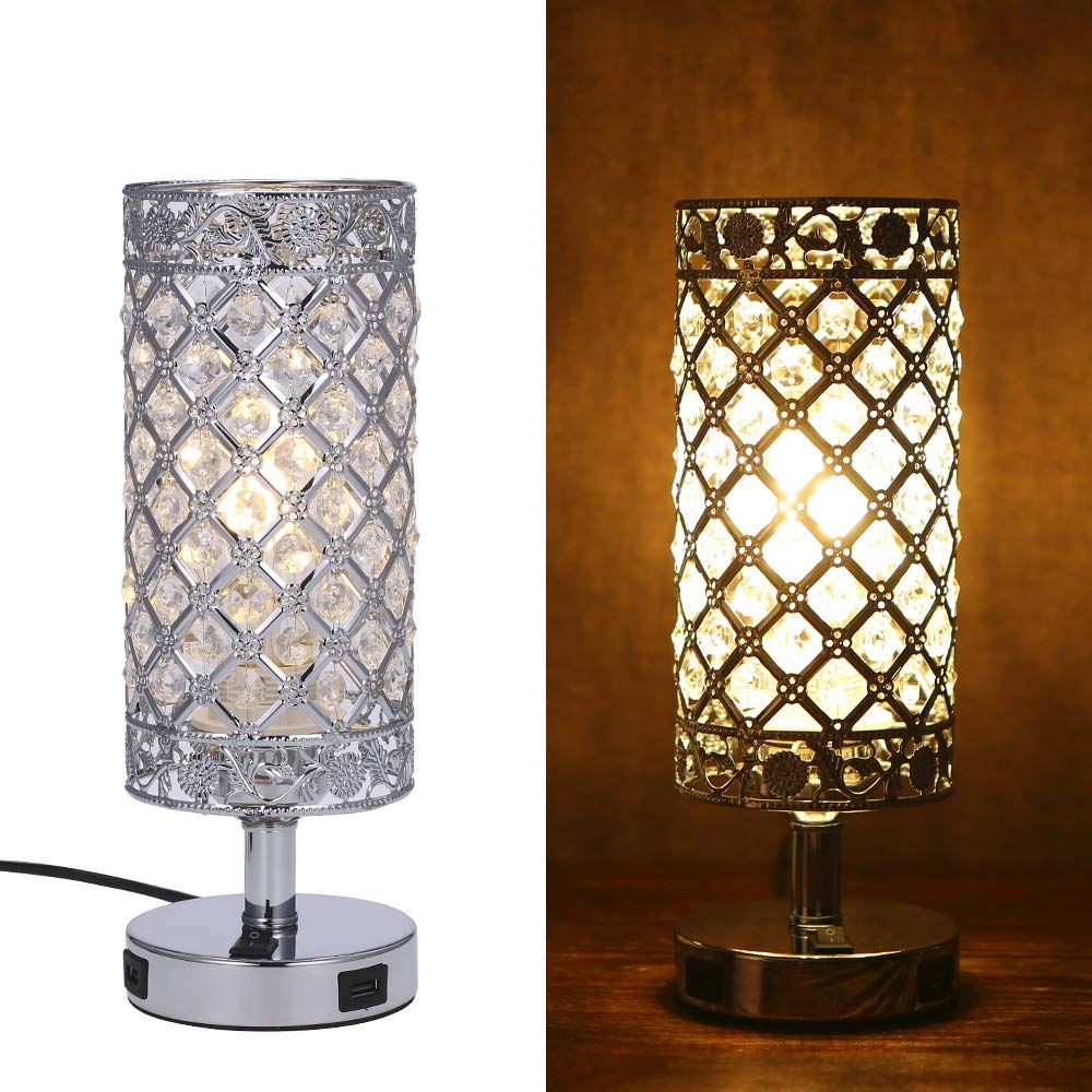 Tomshine USB Crystal Table Lamp Set of 2, Modern Silver Nightstand Lamps with USB Charging Ports, Model VC070