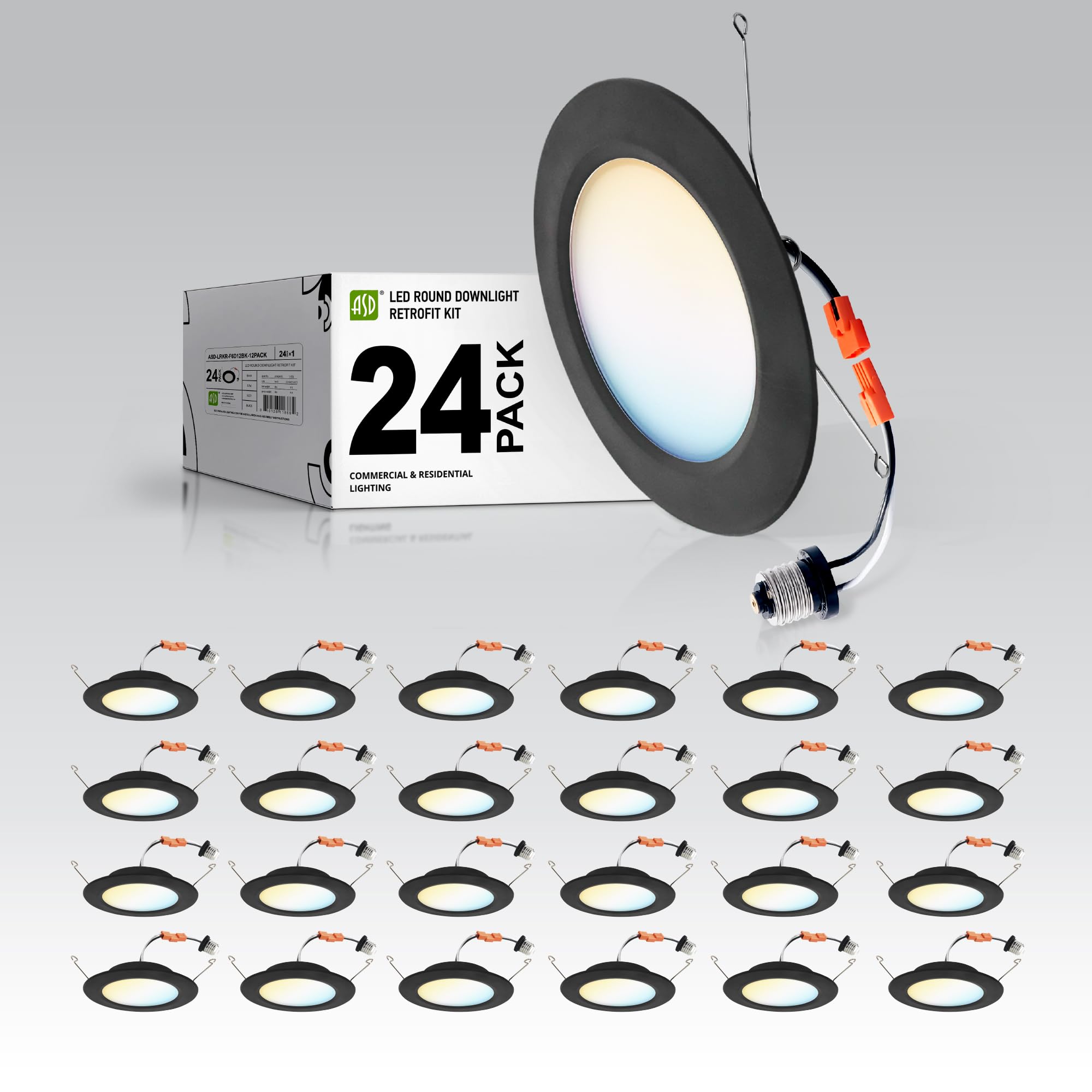 Asd Flat Trim Retrofit Led Recessed Lighting 6 Inch | Ultra Thin Black 12W 971Lm Wet Rated Dimmable Downlights | 2700K-5000K Adjustable Led Recessed Light Fixtures | Disk Can Lights  Etl 24 Pack