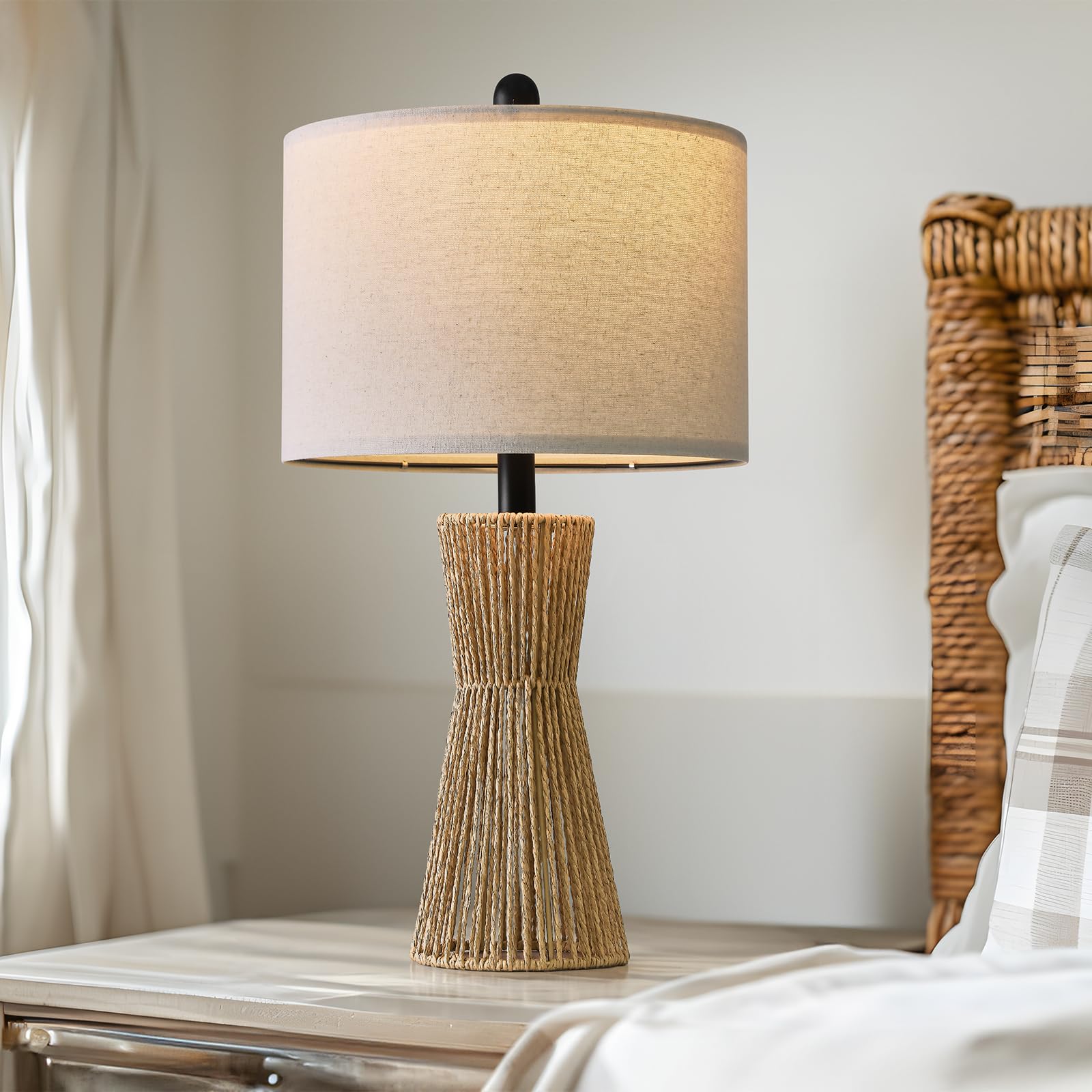 OYEARS Table Lamps Set of 2, 22.5in Rattan Farmhouse Bedside Lamps, Brown, Model AMZ-T121