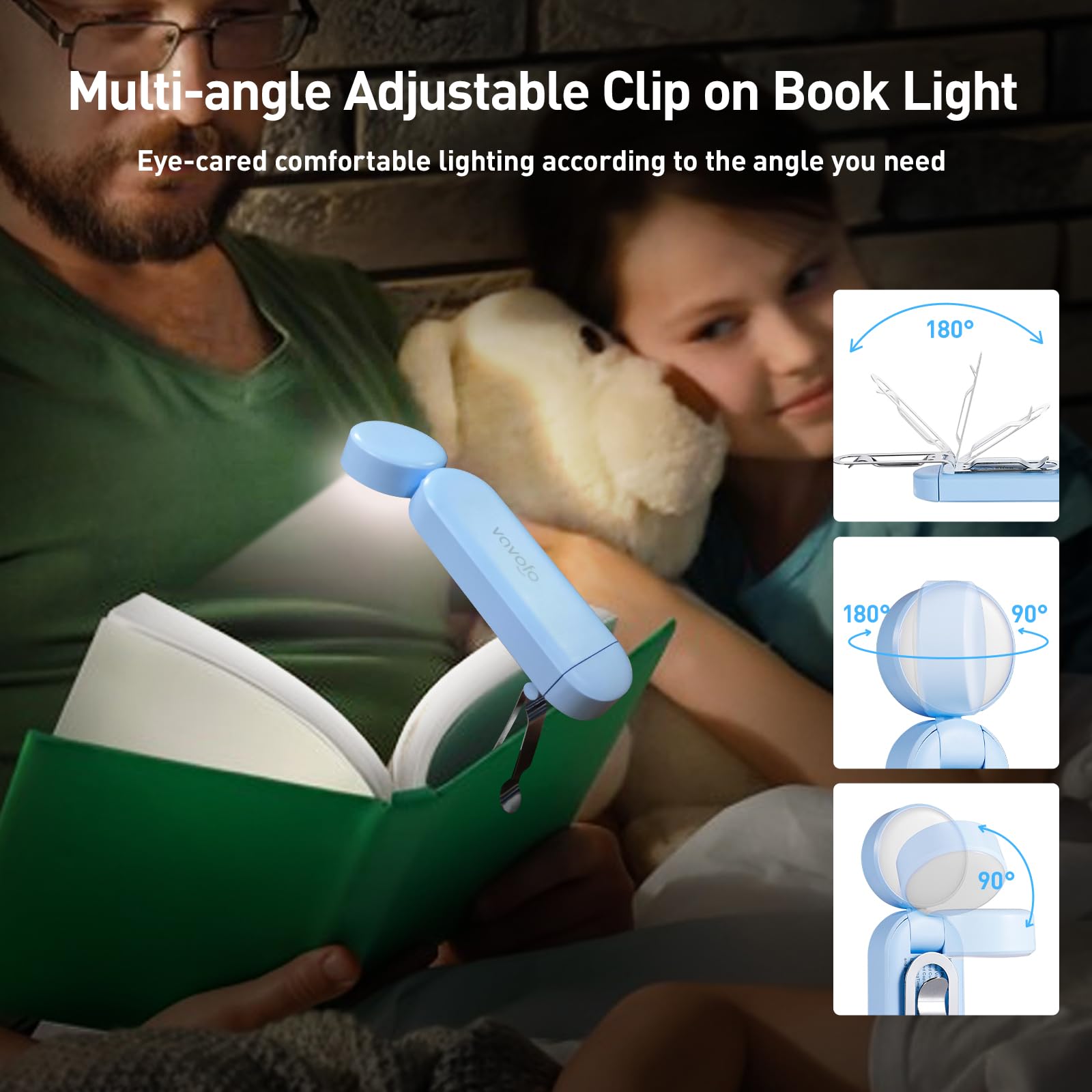 Vavofo Usb Rechargeable Book Light, Blue Light Blocking, Amber Light Clip On Bookmark Shaped Reading Light, Eye Care 6 Leds Book Light For Bookworms Reading In Bed With 9 Lighting Modes (Light Blue)