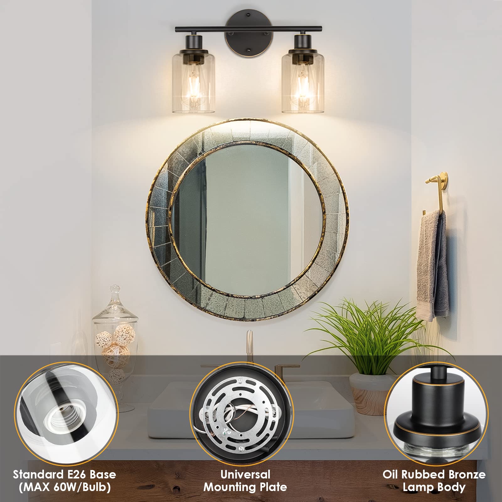 FOLKSMATE 2-Light Bathroom Vanity Light, Oil Rubbed Bronze, Modern Wall Sconces with Glass Shade, 14.17 inch, Model OMTZT-009B