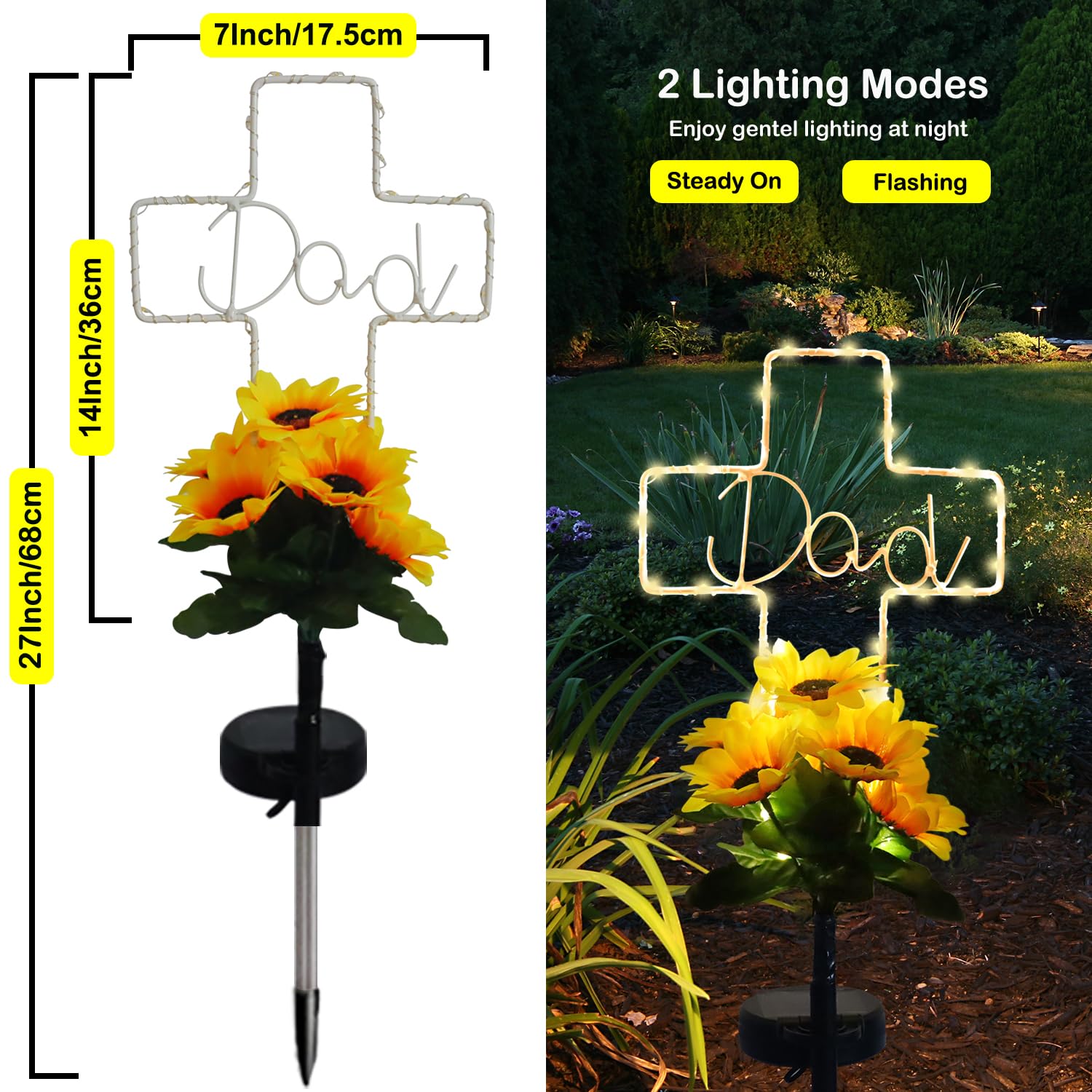 Lmtocs Solar Cross Grave Lights - Waterproof Sunflower Design For Cemetery, 2 Modes, Memorial Decor For Dad