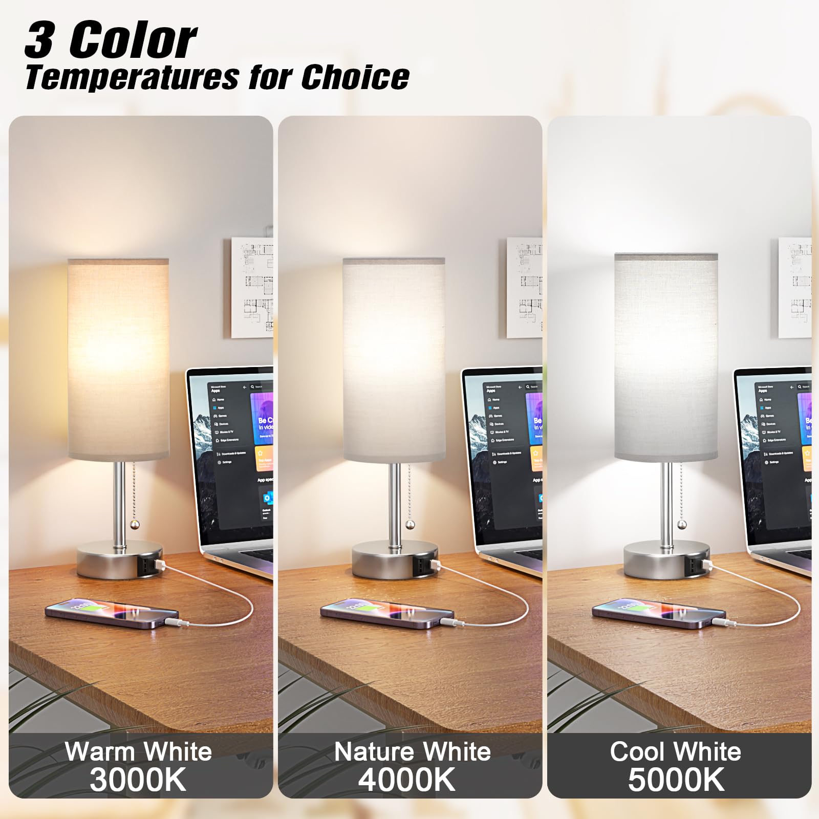 Grey Table Bedside Lamp For Bedroom Nightstand - Small Silver Lamp With Usb A + C Charging Port, 3 Color Temperatures Pull Chain