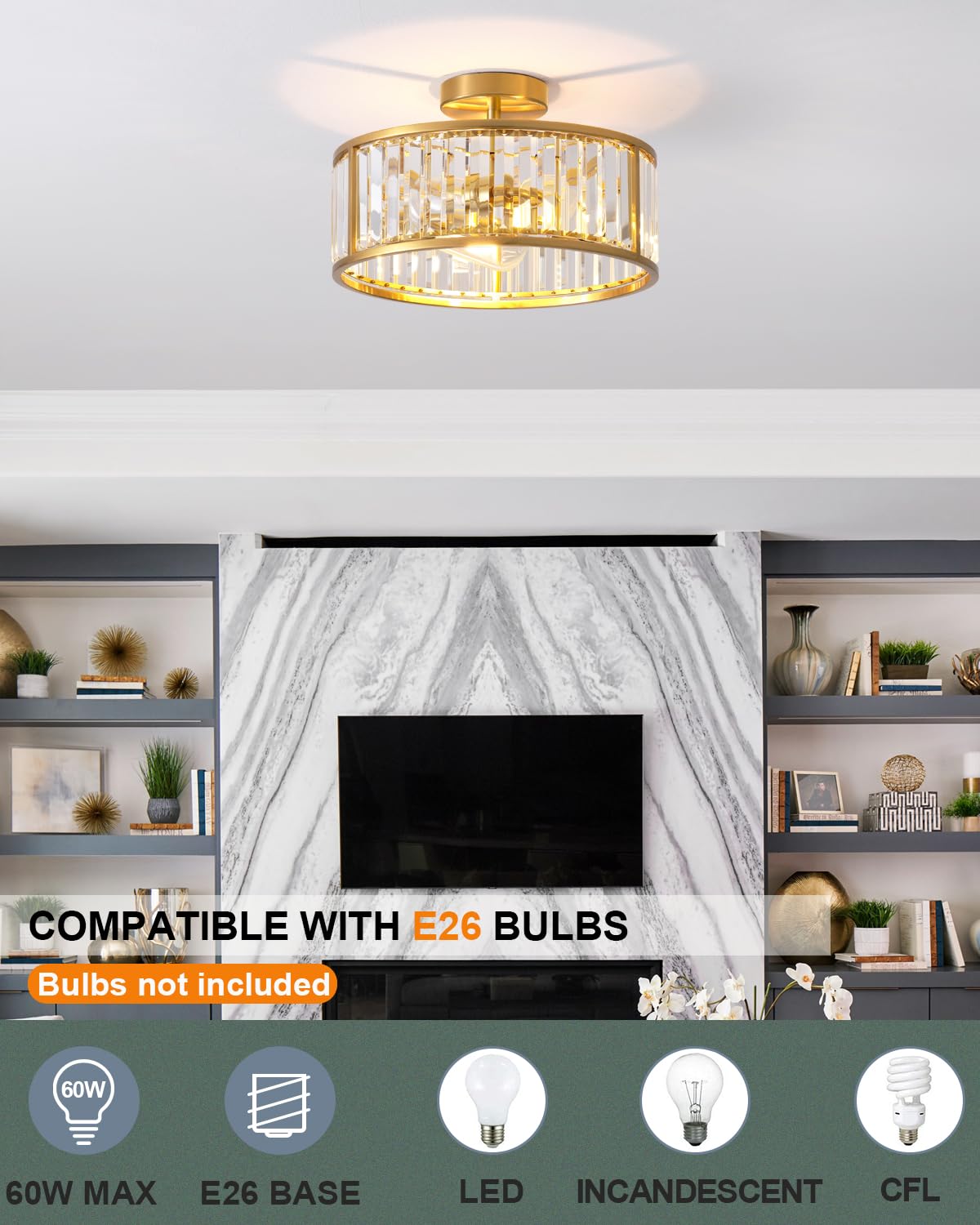 Lhlyclx 3-Light Caged Crystal Chandelier, Brass Gold Drum Ceiling Light, 14 Inch