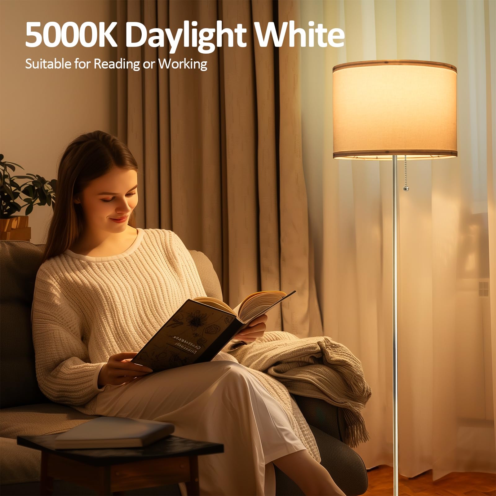 Velxee Floor Lamp, Modern Standing Lamps For Living Room With Led Bulb, 3 Color Temperature Simple Design Tall Lamps With Pull Chain Switch, Silver Pole Lamp With Lampshade For Office Reading
