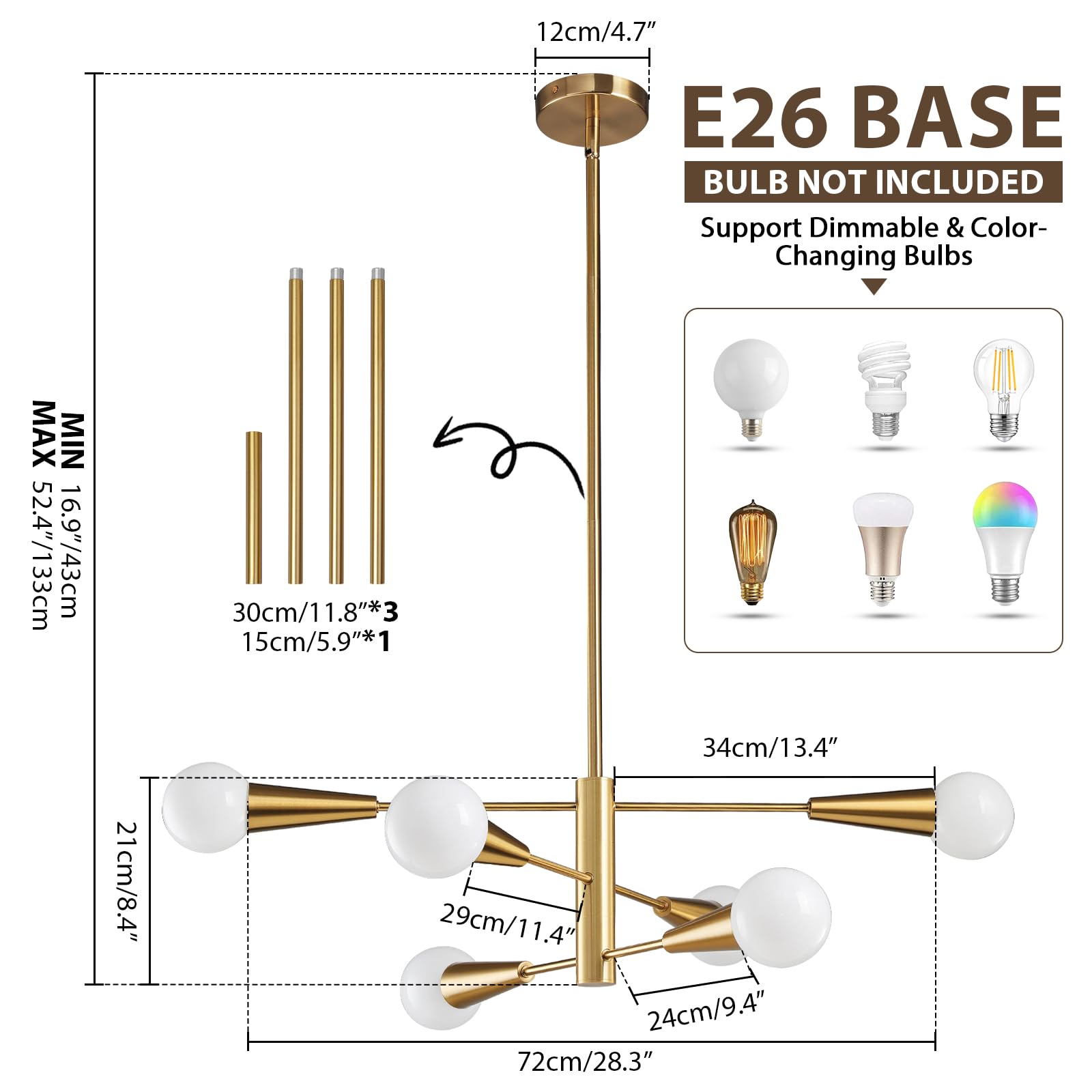 Kaisite Sputnik Chandelier Modern Gold Chandelier 6-Light E26 Mid Century Ceiling Light Fixture Height Adjustable Hanging Pendan