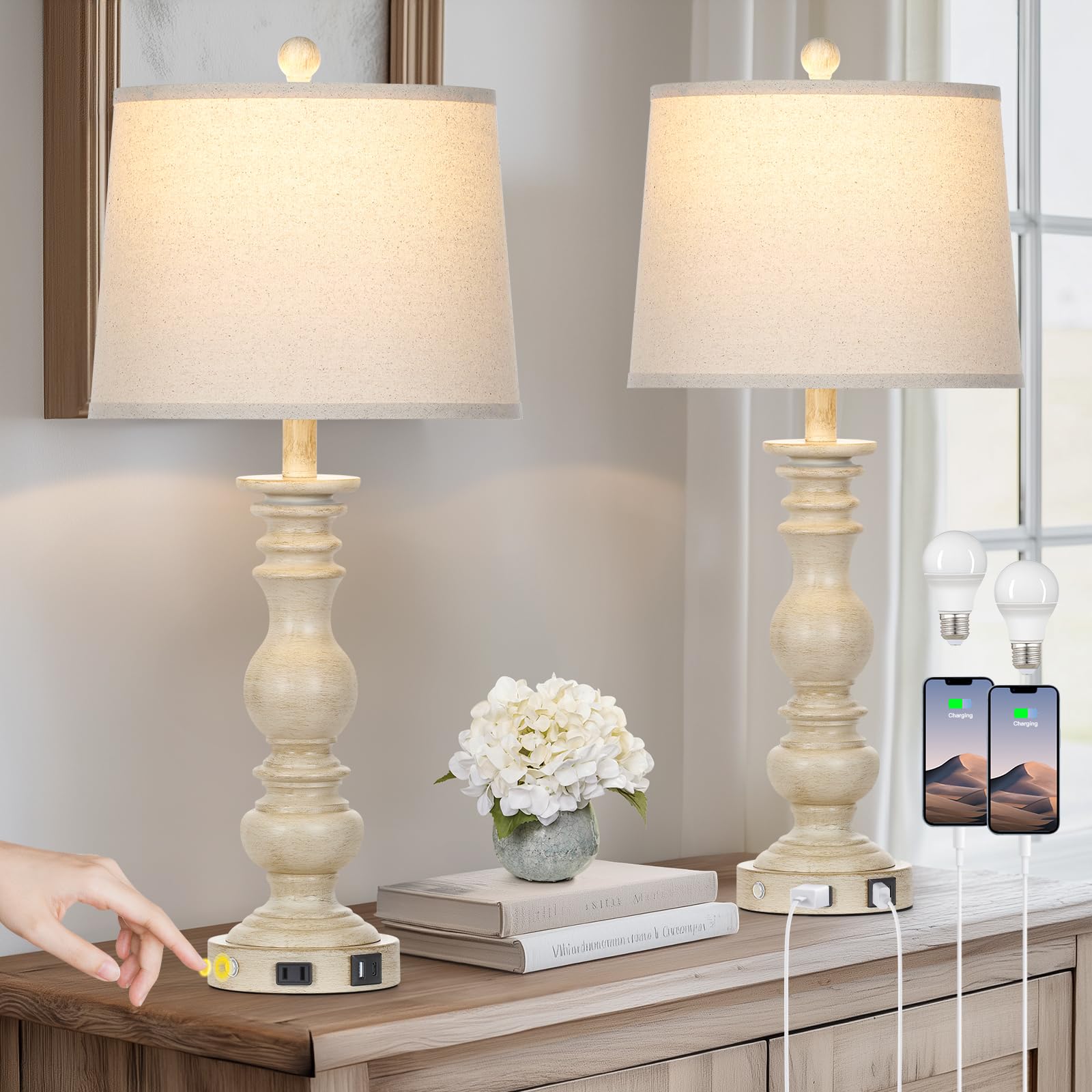 Cinkeda 28'' Farmhouse Table Lamps Set of 2 with USB C+A Ports & AC Outlet for Vintage Living Room Retro Bedroom,3-Way Dimmable 