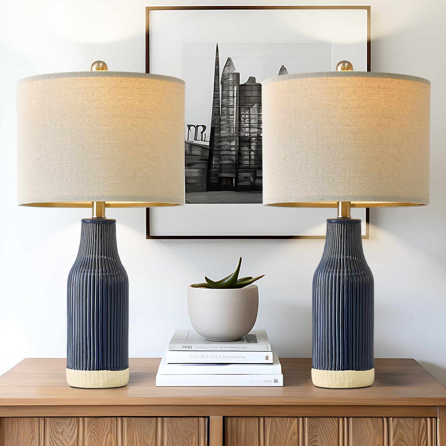 Usumkky 23.75'' Modern Blue Ceramic Table Lamp Set Of 2 For Living Room, Farmhouse Bedside Nightstand Lamp For Bedroom Home Offi