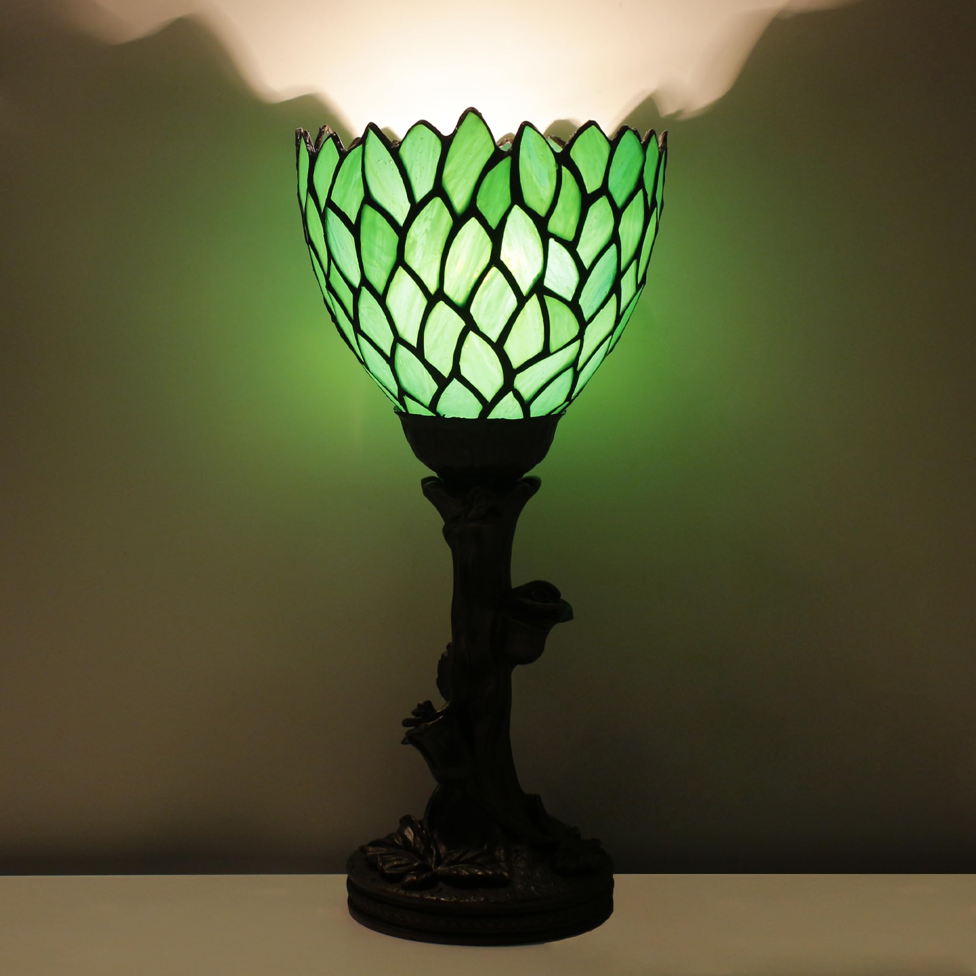 Avivadirect Small Tiffany Lamp Mini Stained Glass Table Lamp Green Wisteria Accent Desk Uplight W6 H13.5 Inch Bronze Resin Base