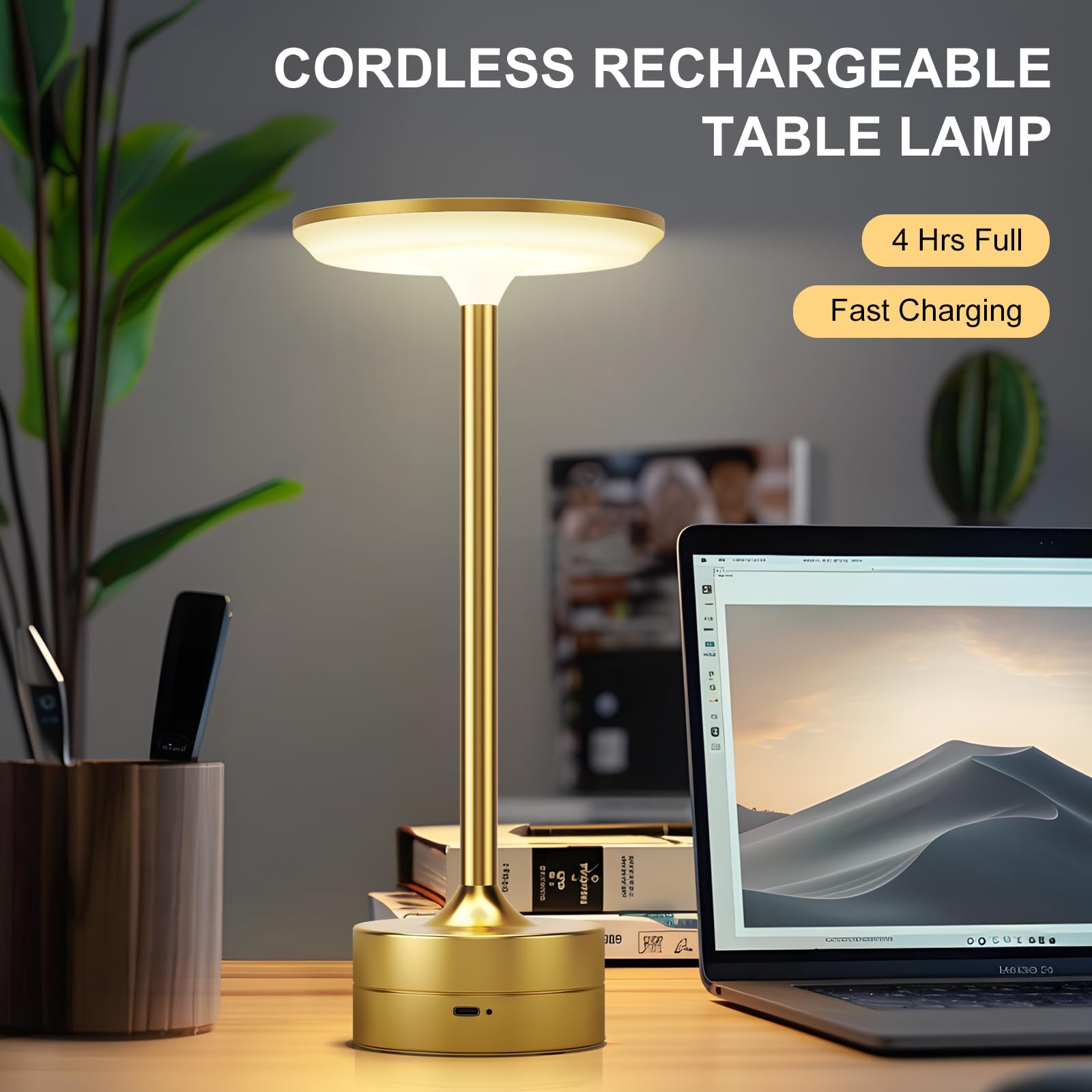 FRIDEKO HOME 2 Pack LED Cordless Table Lamps - Rechargeable, Stepless Dimmable, Gold, Model L07007-132-US-2PCS