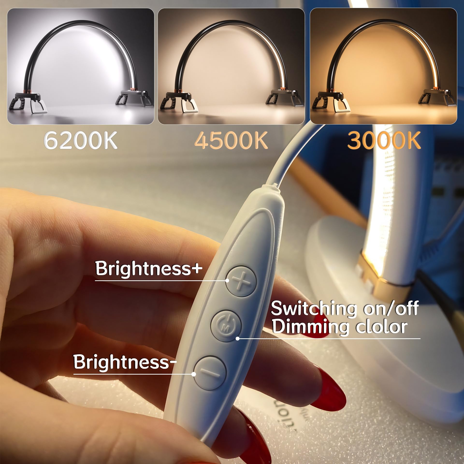Welltell Half Moon Light For Nail Desk, 180 Degree Glow Moon Light Nail Tech, Arch Nail Desk Lamp Color Temperature 3000K-6200K
