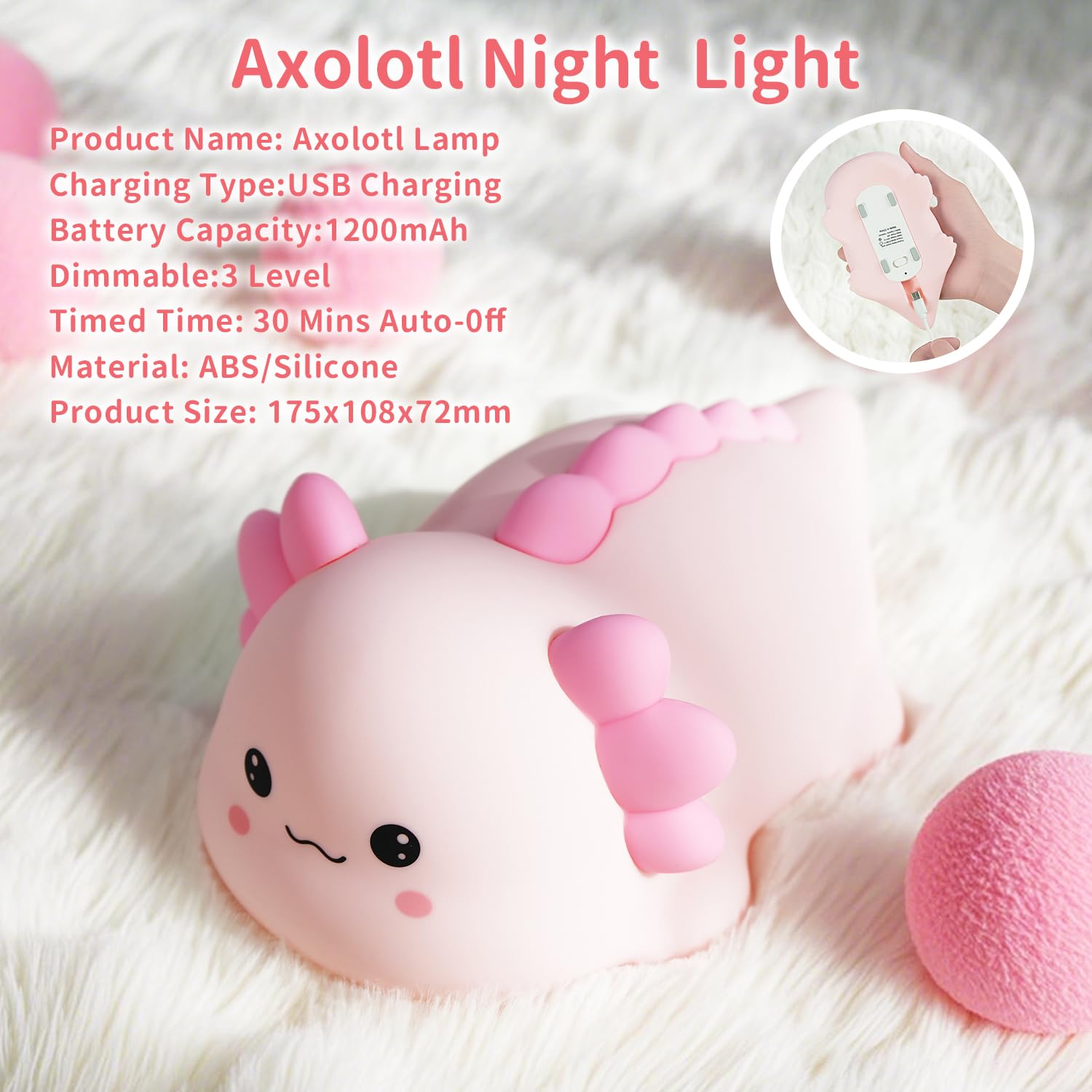 QAQWQAQ Axolotl Silicone Nursery Night Light, Dimmable LED Animal Lamp with Timer,Cute Gifts Rechargeable Bedroom Bedside Lamp w