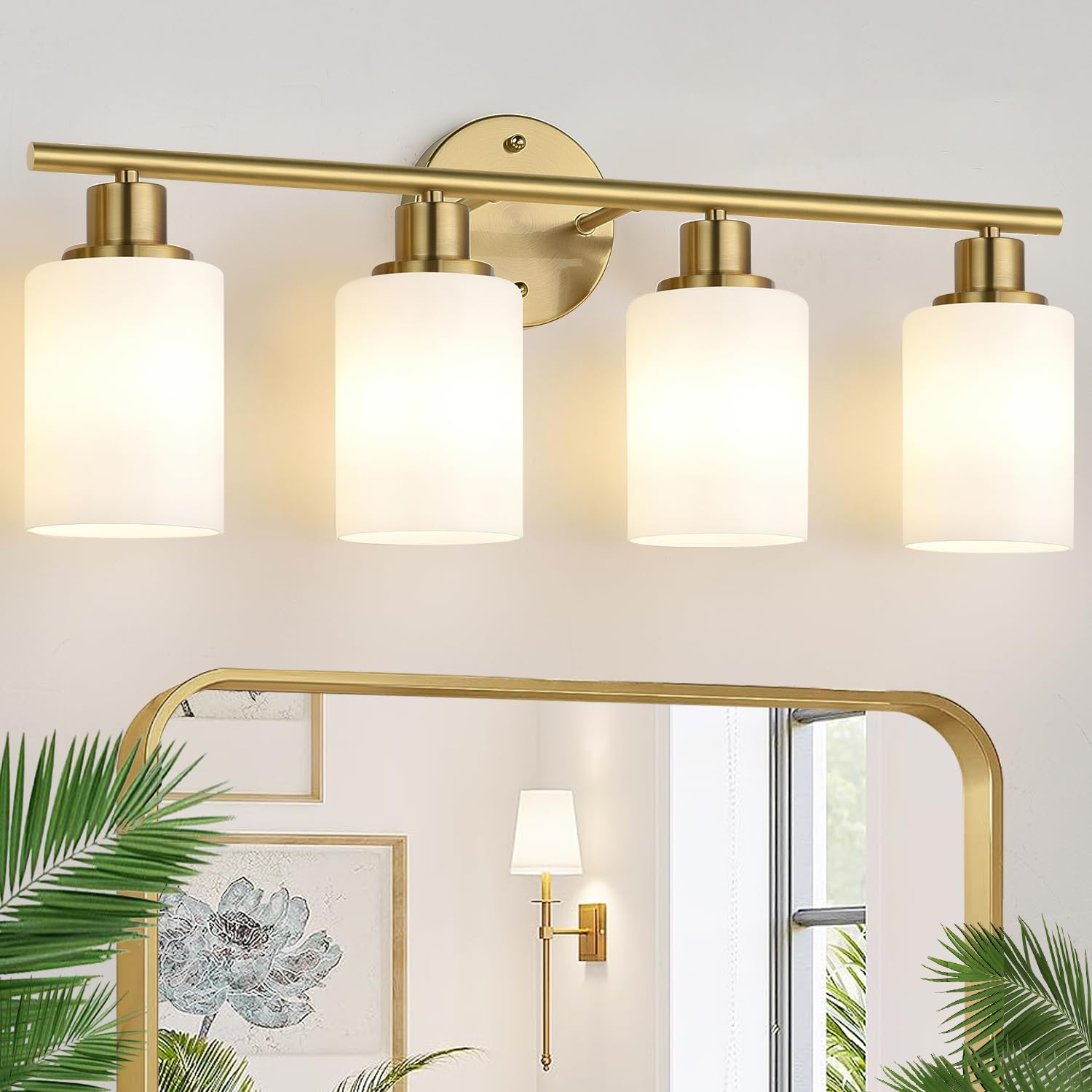 Zarbitta 4-Light Bathroom Light Fixture, Brushed Gold & Milky White Glass, Model OMTYX-016