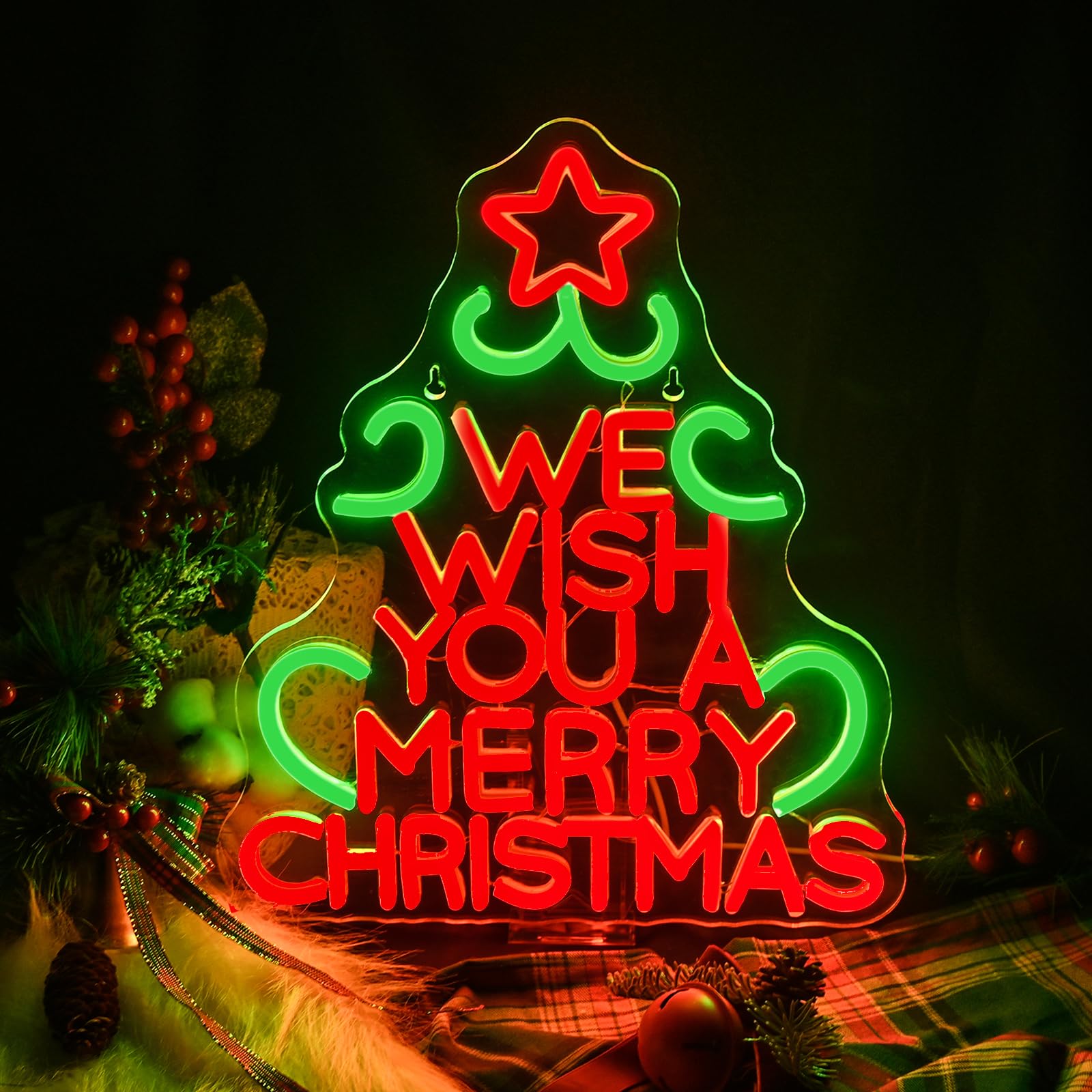 Wanxing Neon Sign - We Wish You a Merry Christmas LED Decor, 14.9 x 12.5 Inch, USB Powered, Acrylic, Red Green