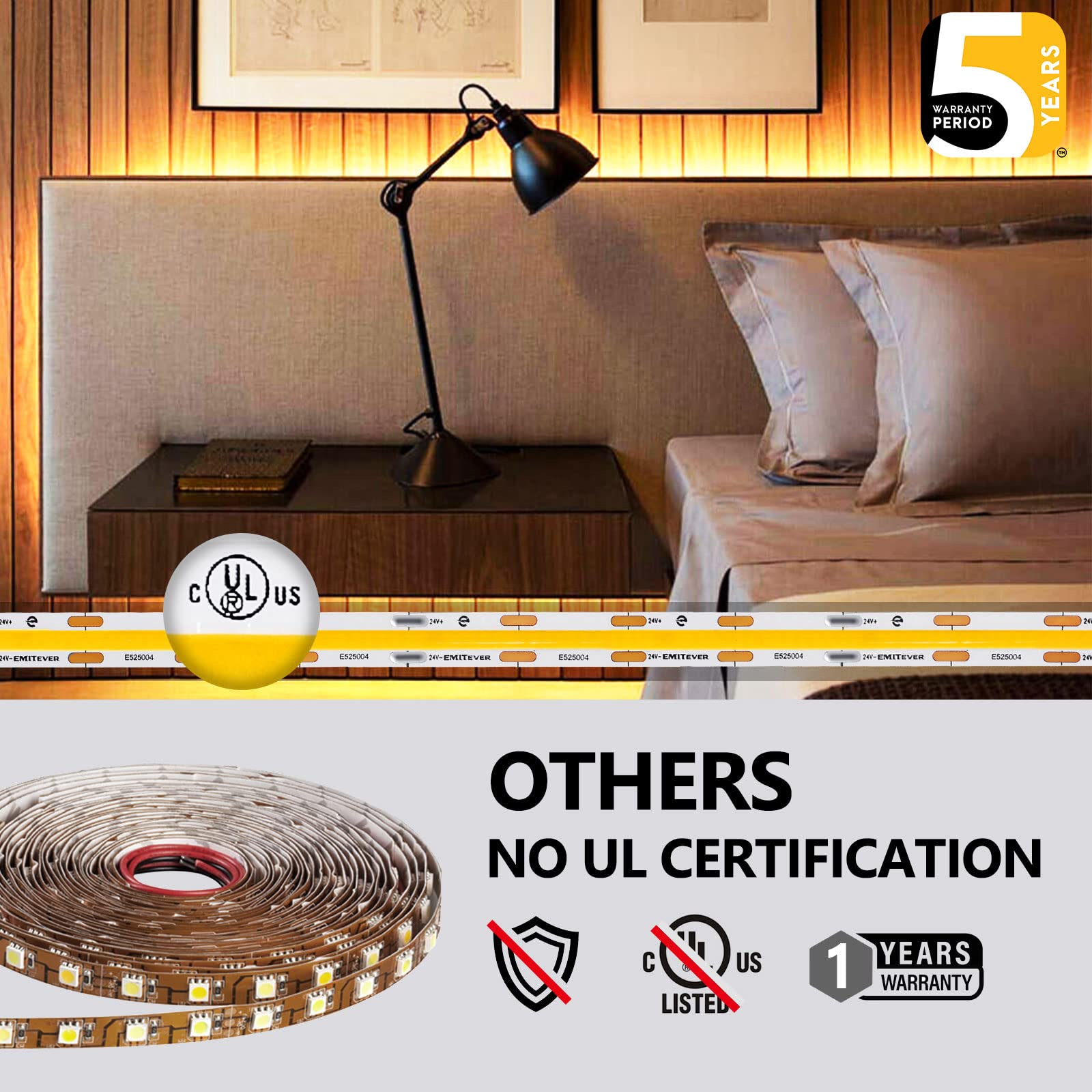 Emitever Cob Led Strip Lights Warm White 32.8Ft, 3000K 24V Dimmable Tape Light Premium High Density, 305Lm+/Ft, 3600Leds, Ra 90+