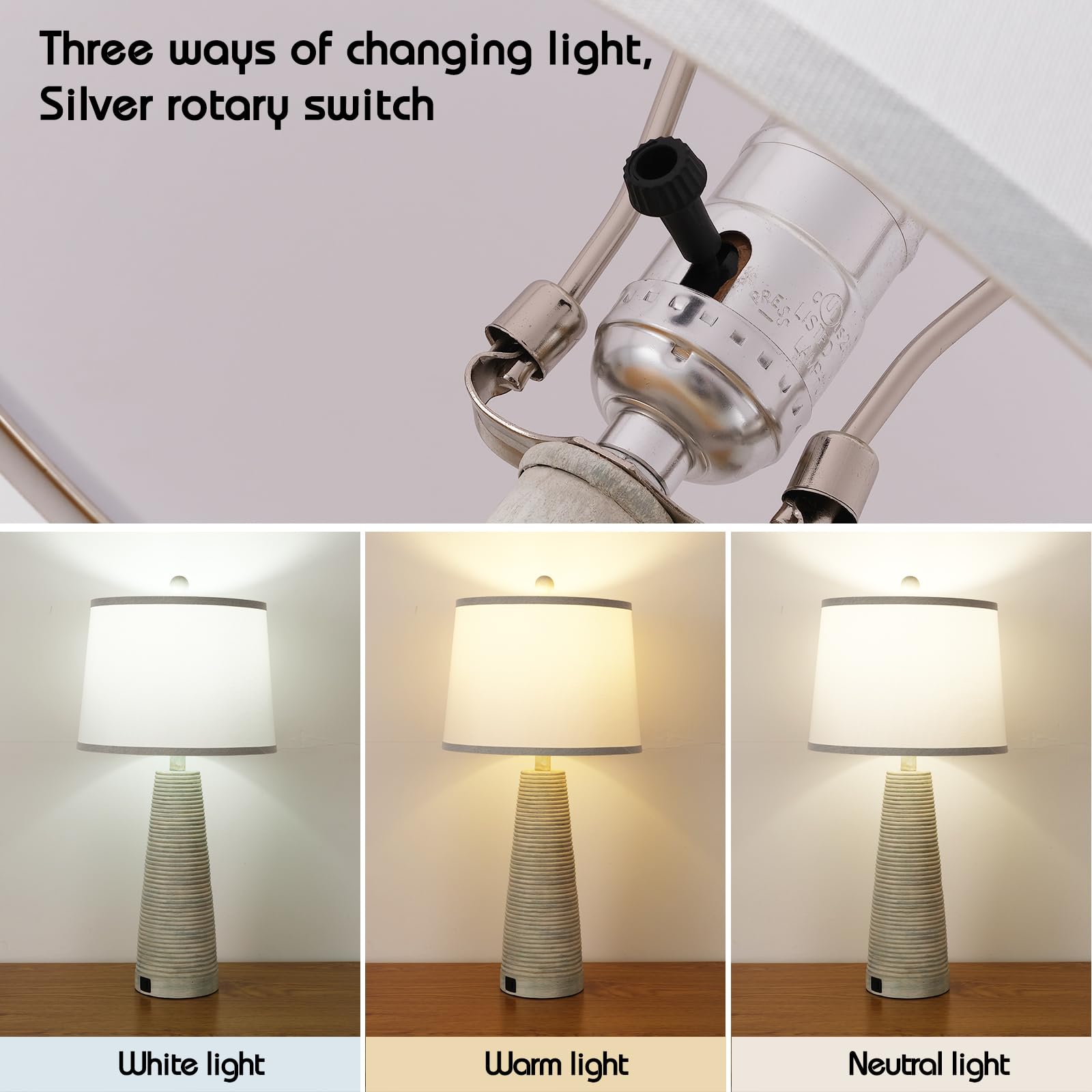 Nightstand Lamp Desk Lamp Vintage Bedside Lamps Set Of 2 Rustic Farmhouse Table Lamps 3 Way Dimmable Horizontal Stripe Light,Sui