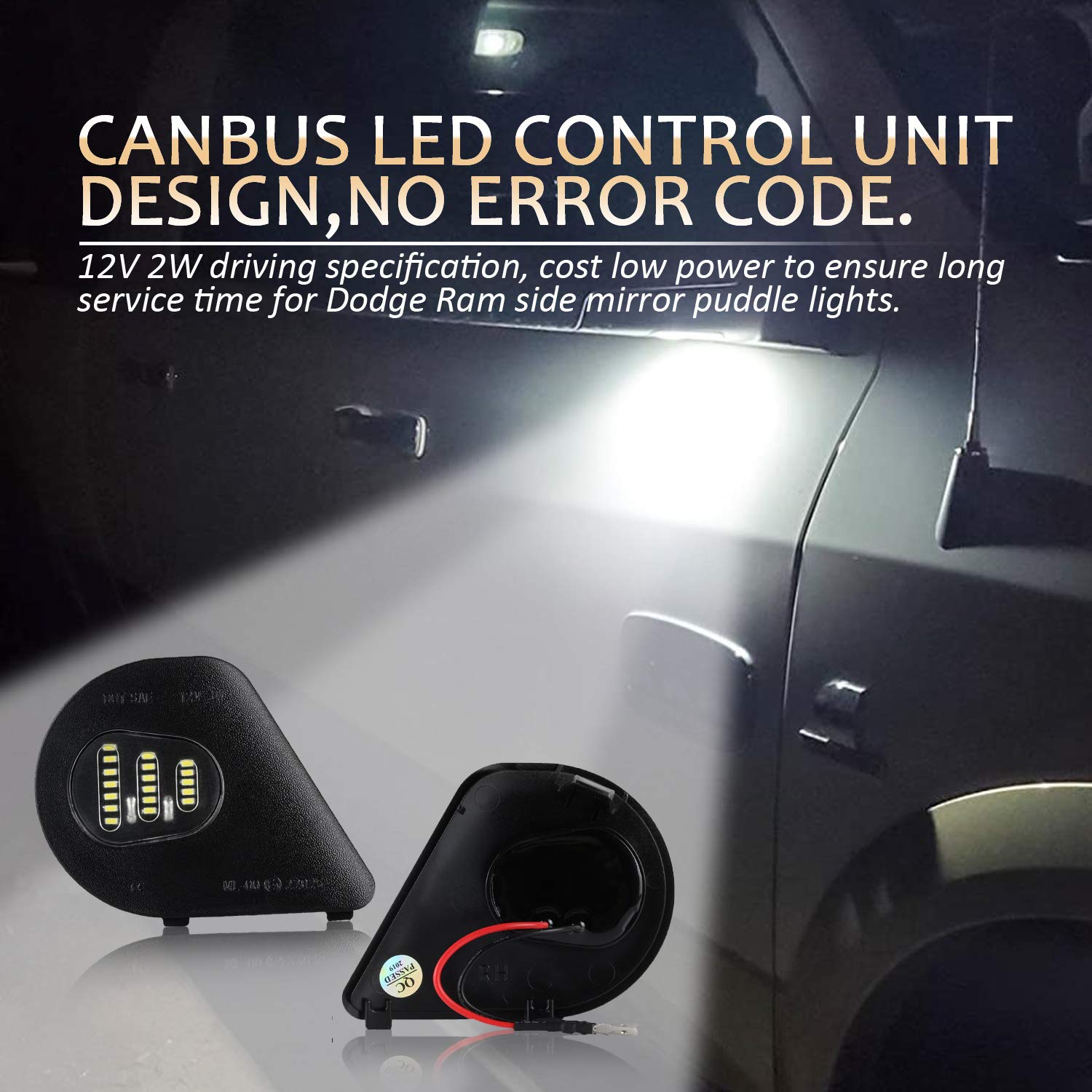 D-Lumina Side Mirror Puddle Lights Assembly Compatible With 2010-2018 Dodge Ram 1500 2500 3500 4500 5500 Pickup Trucks, Under Mirror Puddle Led Lamp 6500K White 2-Pieces