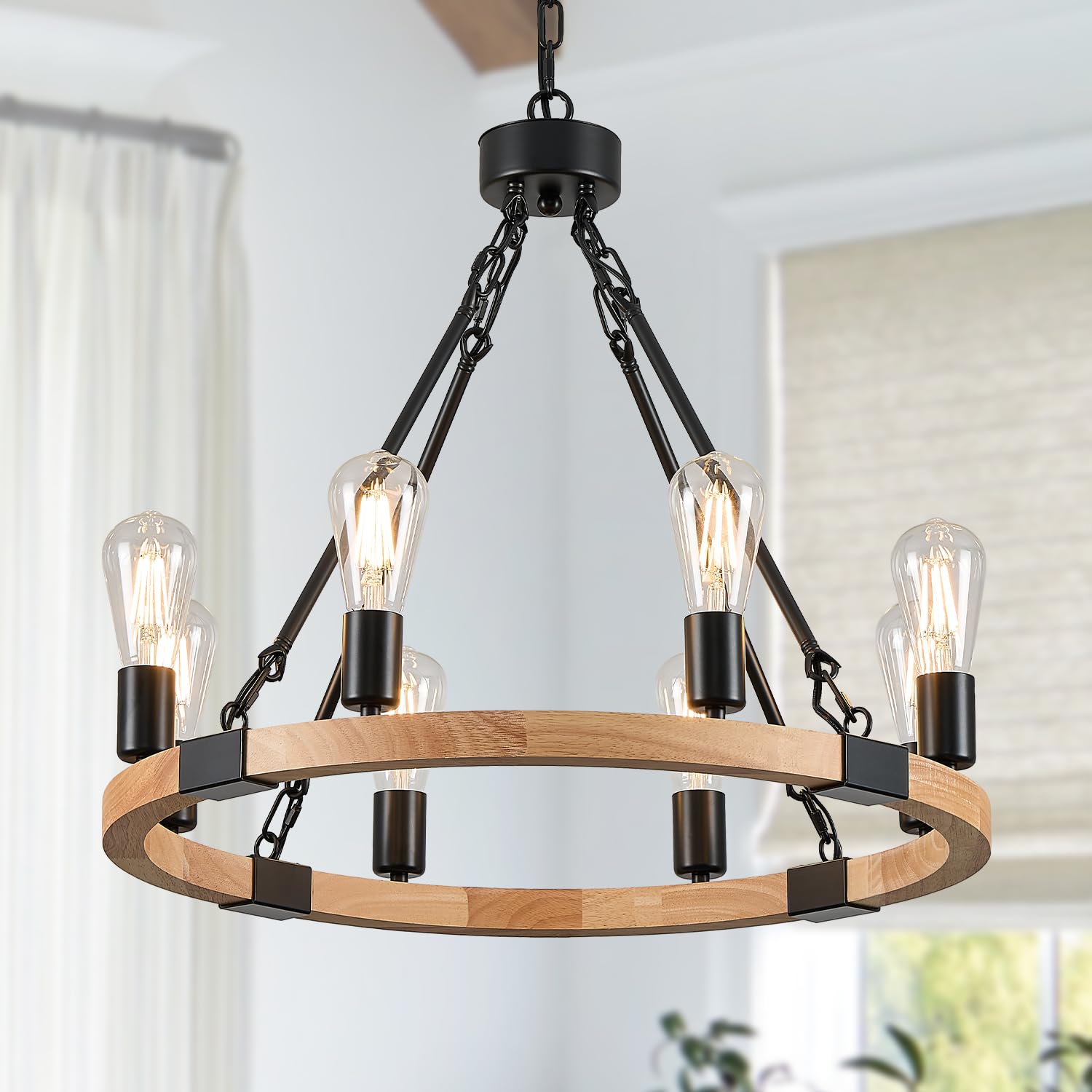 Poemoon 8 Lights Wooden Wagon Wheel Chandelier Natural Farmhouse 23.6 Black Metal Light Fixtures Rustic Wood Round Chandelier for Living Dining Room Kitchen Entryway Foyer