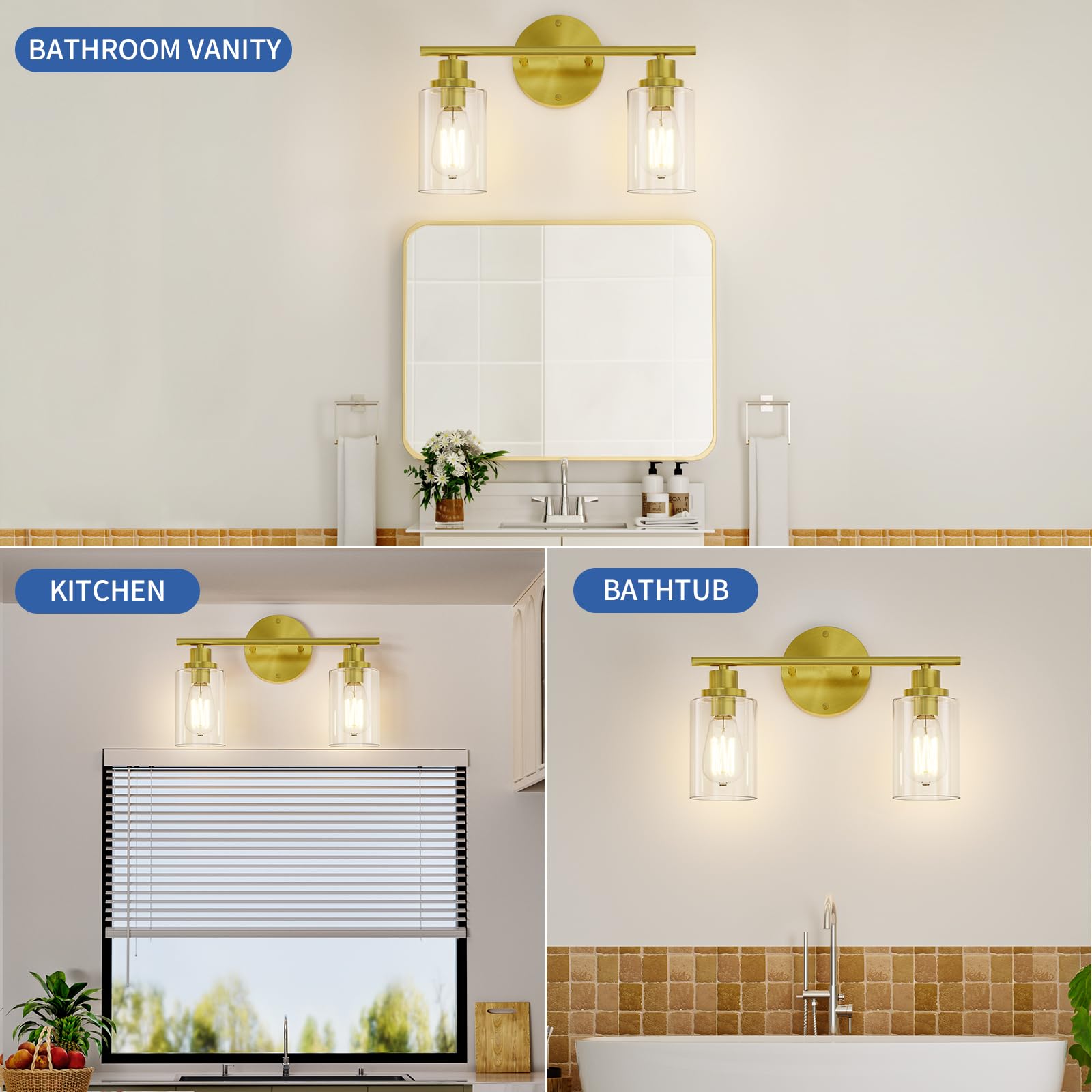 GORDNWE Bathroom Vanity Light Fixtures 2-Light Brushed Gold Metal J0019