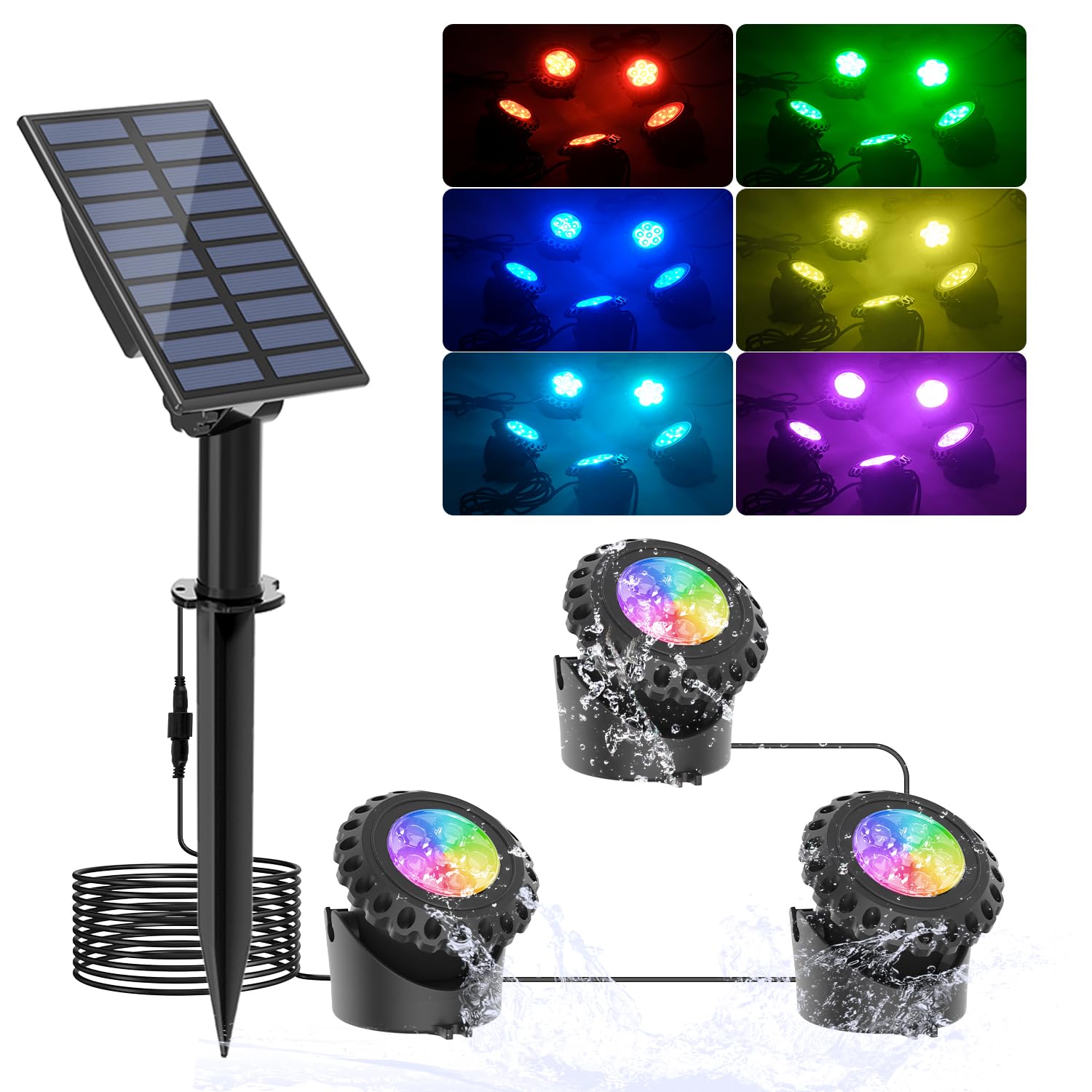 T-SUN Solar Fountain Lights Submersible LED Underwater Pond Lights IP68 Waterproof - 3 Lights RGB Model TS-S5405