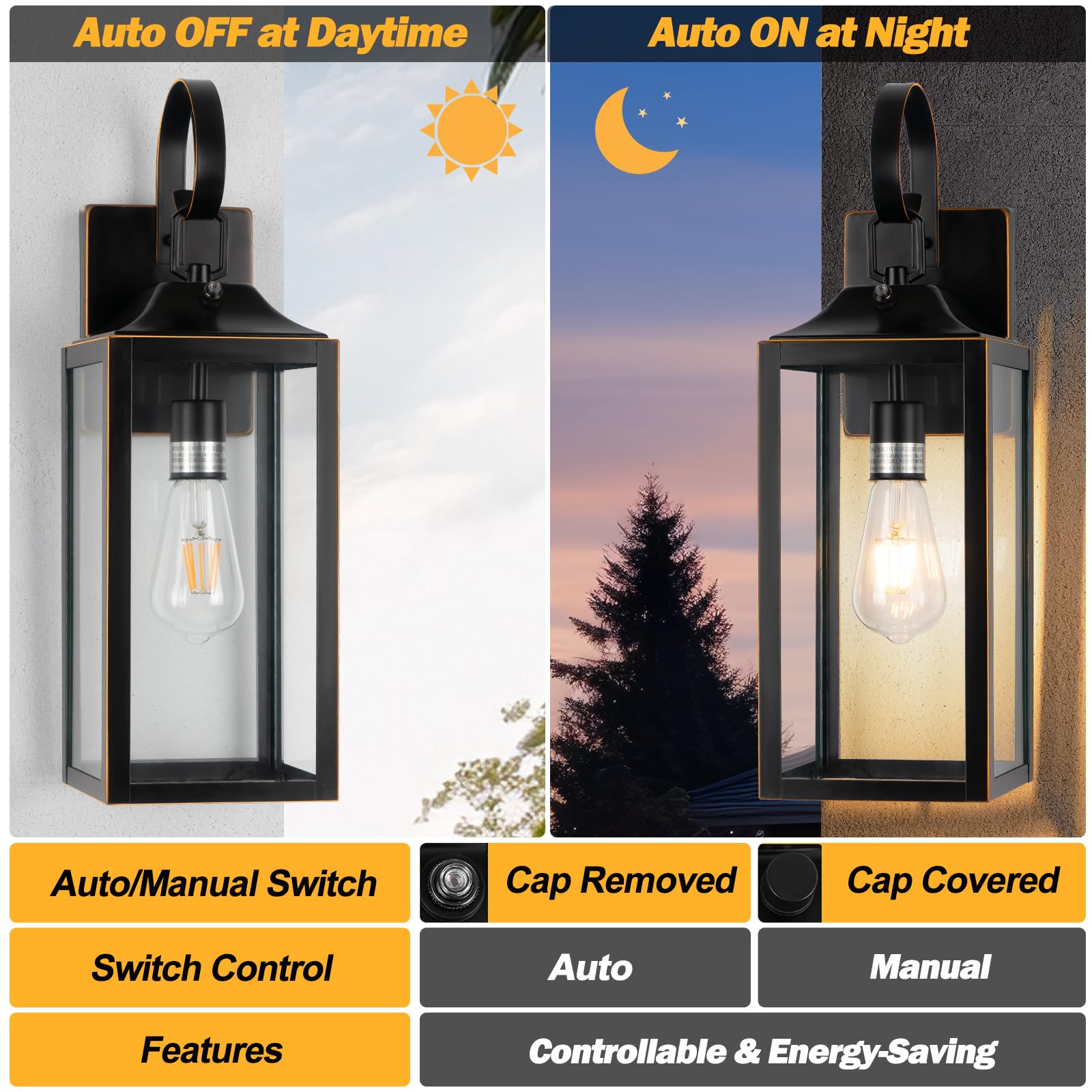 Yolsunes 19" Dusk to Dawn Outdoor Wall Lights - Black with Gold Trim, Metal, 2 Pack, Sensor Lighting for Porch & Garage