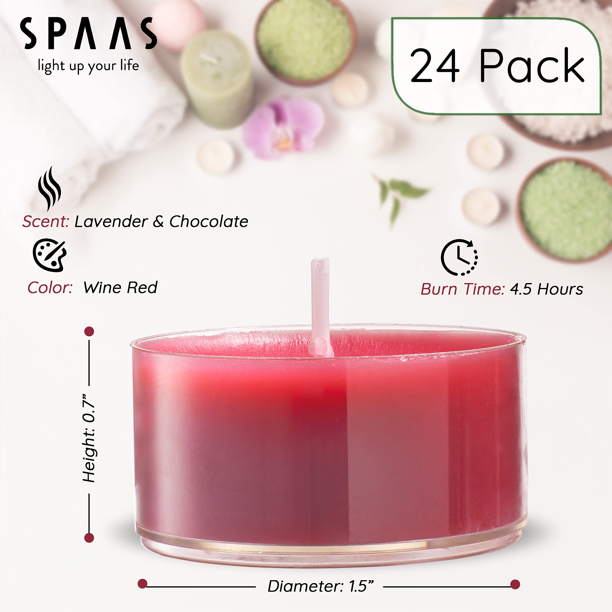 Tribello SPAAS Scented Tea Lights Candles, Lavender & Chocolate, Pack of 24, Wine Red, Paraffin Wax