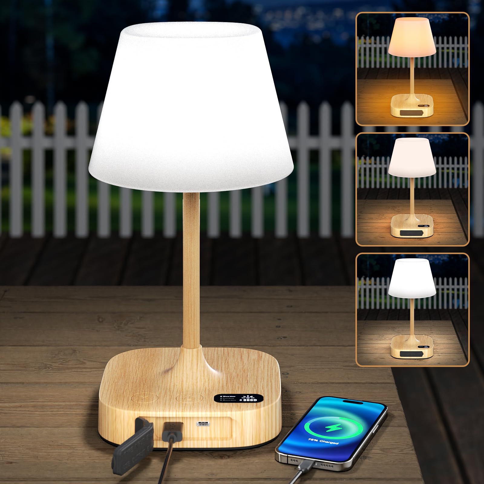 Lightbiz Outdoor Table Lamp - 8000mAh Rechargeable, IP55 Waterproof, Dimmable LED, Wood Color, Model G300-Black