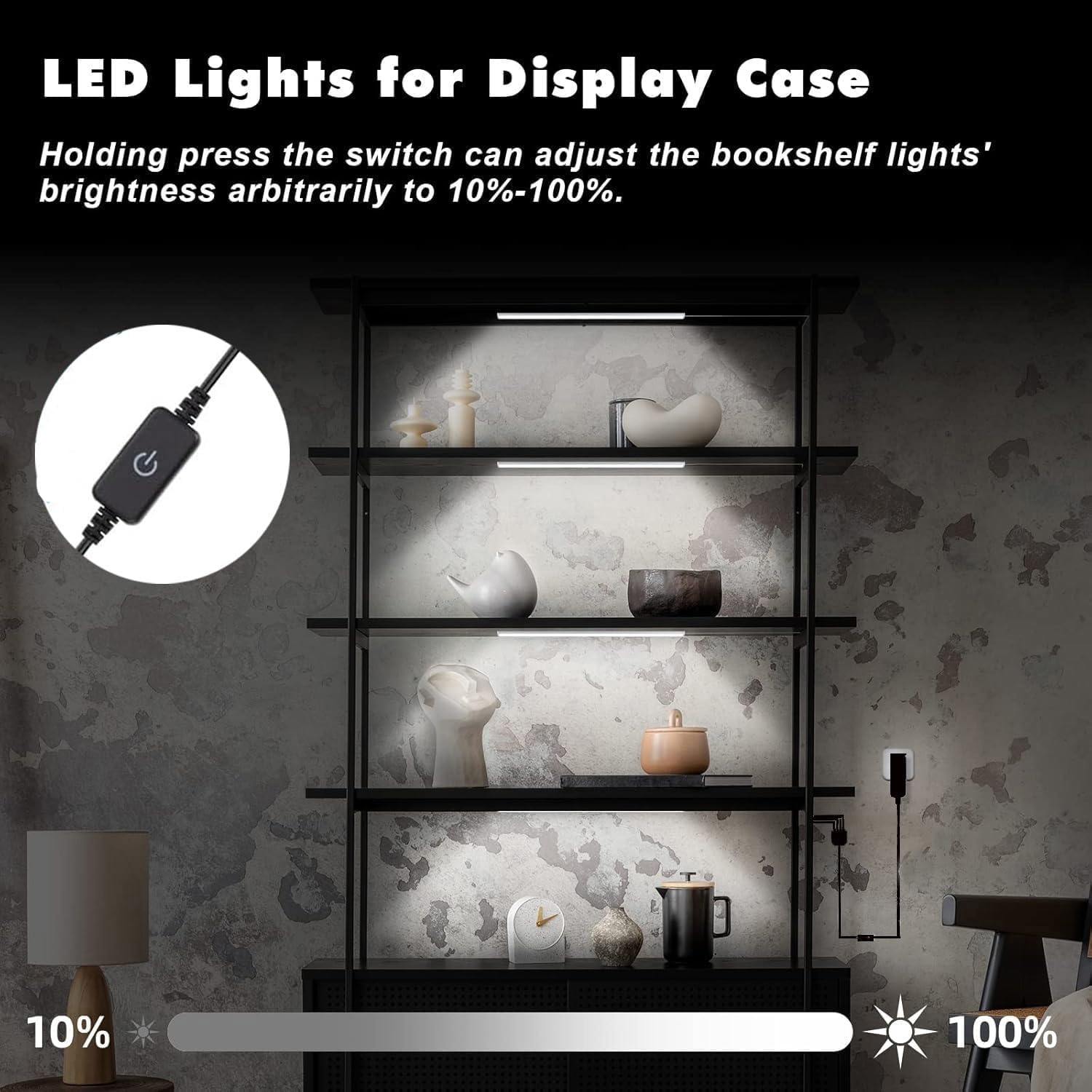 JUSJUBR LED Display Cabinet Lights, 4x12 Inch, Dimmable, Cold White 6000K, Ultra-Thin Black Aluminum, Model JUSJUBR-4