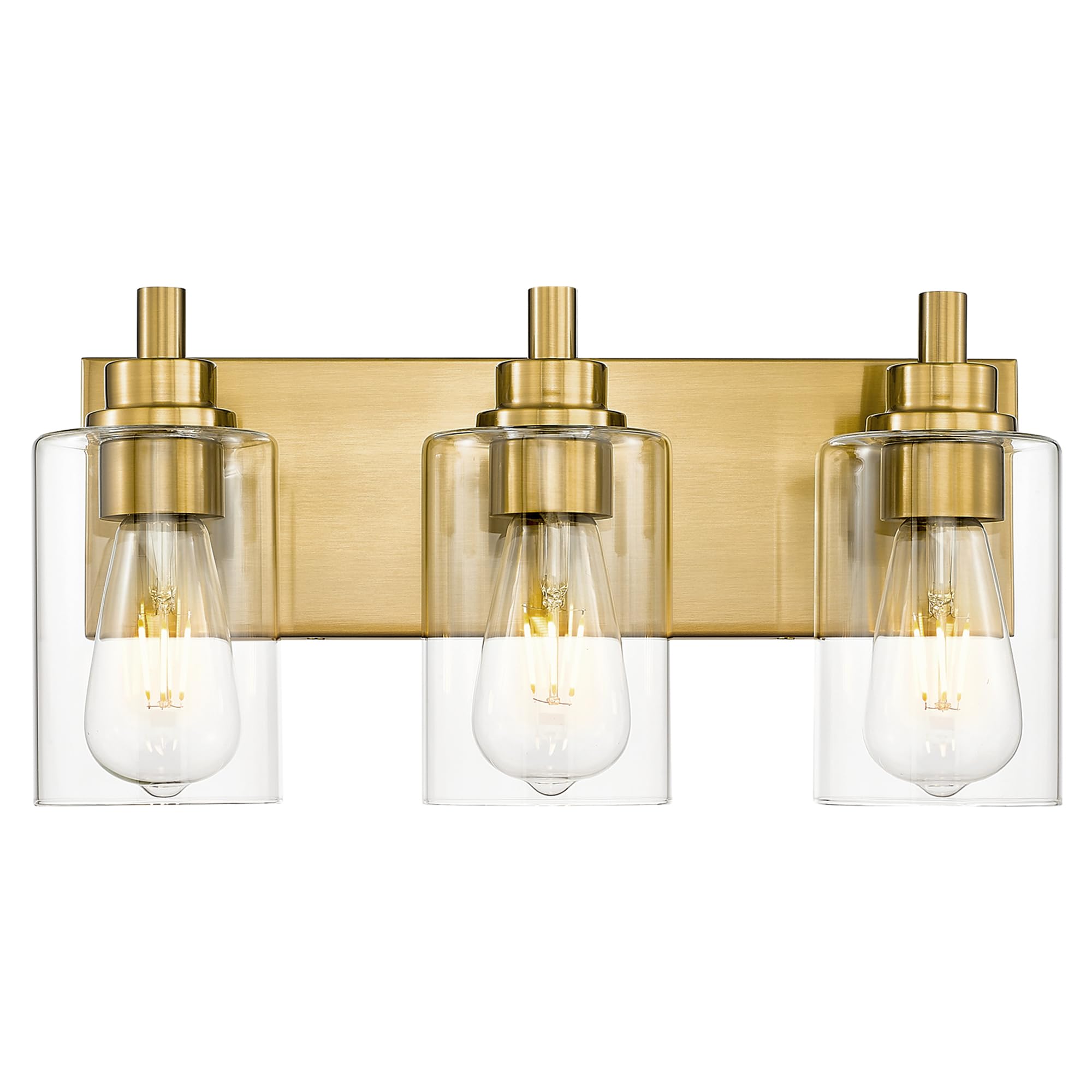 Metwet 3-Light Brushed Gold Bathroom Light Fixture, Modern Metal Vanity Lighting With Clear Glass Shade, Model Vl143-Bg-3